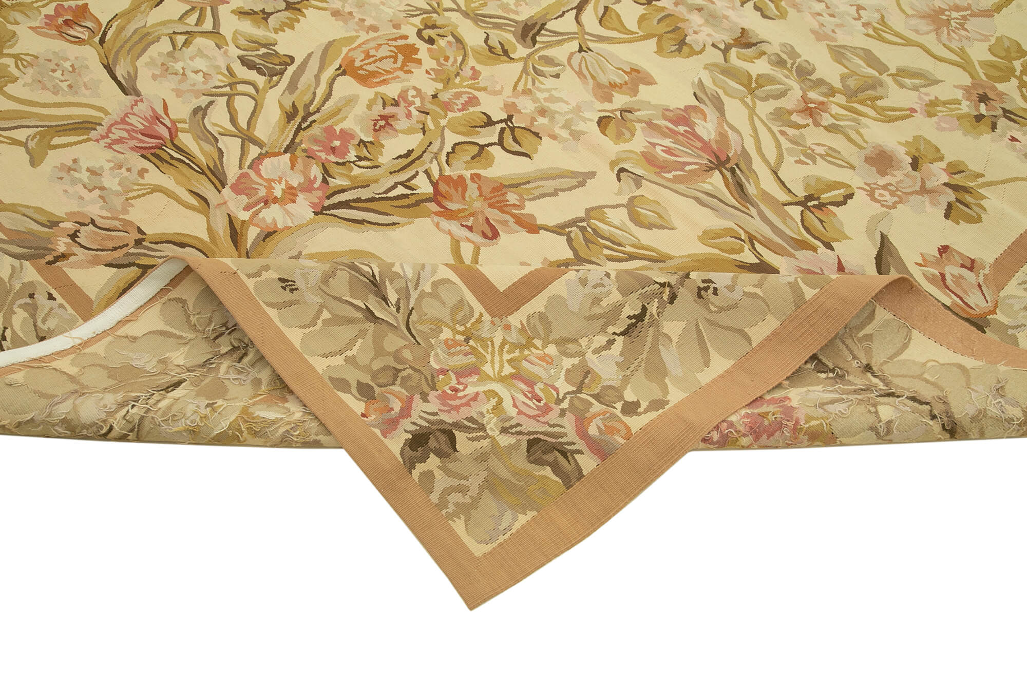 Handmade Wool Area Rug – Aubusson Floral Beige 8x12 Vintage Handwoven Carpet