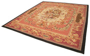 Handmade Wool Area Rug – Classic Aubusson Style Red Floral Pattern Carpet 9'11''x10'10''
