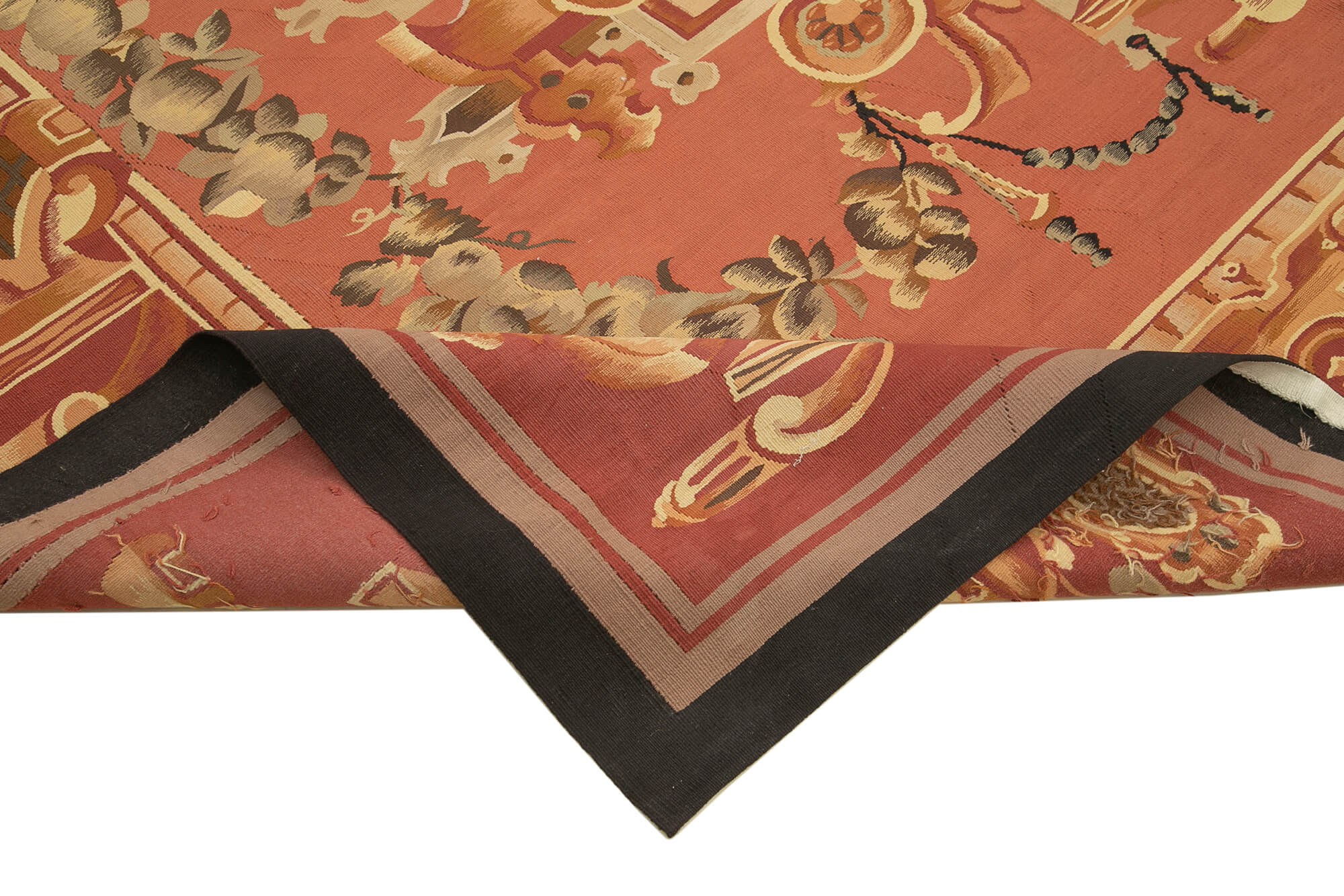 Handmade Wool Area Rug – Classic Aubusson Style Red Floral Pattern Carpet 9'11''x10'10''