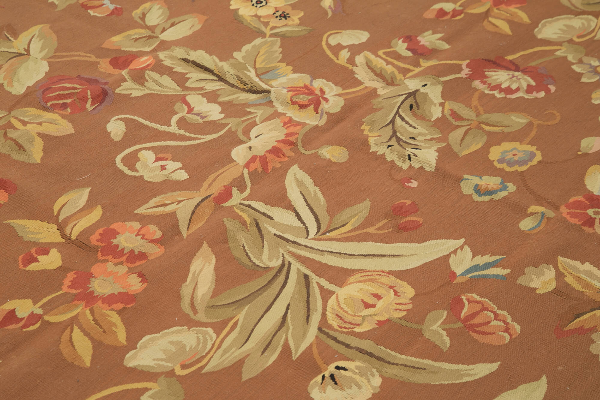 Handmade Wool Area Rug – Classic Aubusson Style Brown Vintage Carpet 8x12