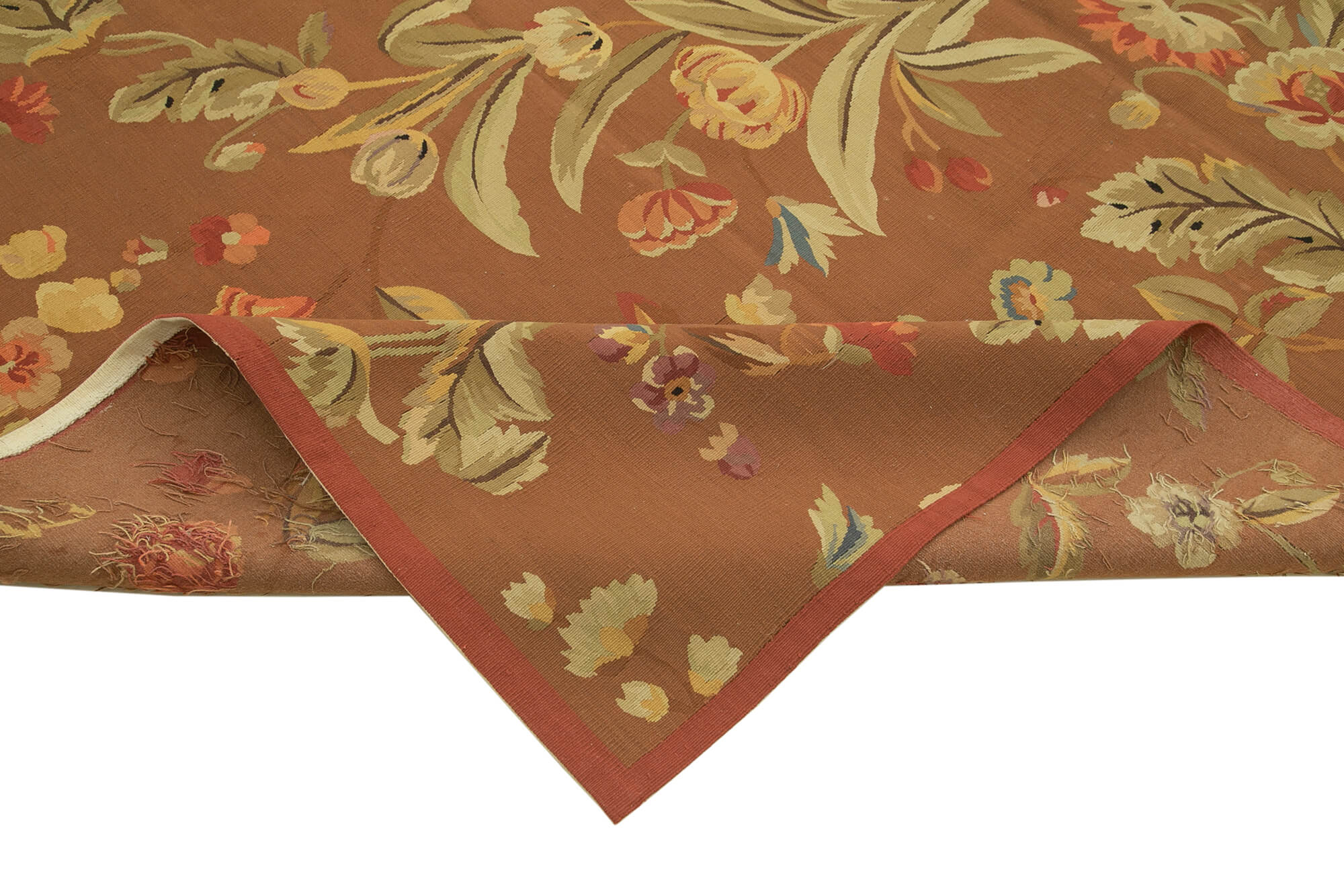 Handmade Wool Area Rug – Classic Aubusson Style Brown Vintage Carpet 8x12