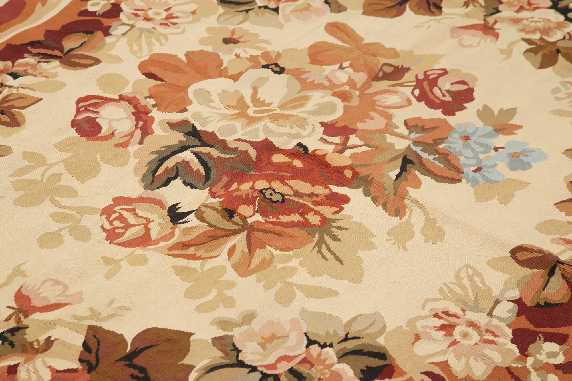 Handmade Area Rug – Floral Beige Wool Cotton Blend, Hand Woven Vintage Turkish Carpet 9'6''x12'1''
