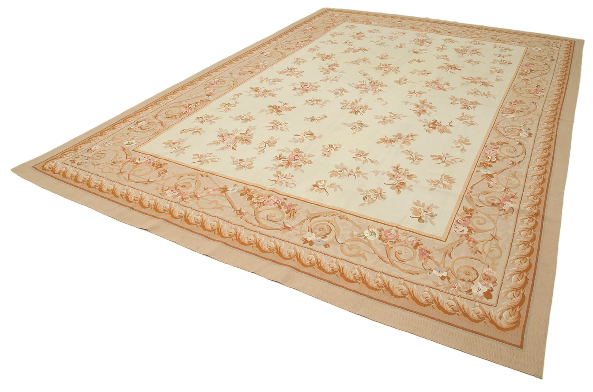 Handmade Wool Area Rug – Beige Floral Cotton Wool Rug, Classic Aubusson Style 9'8''x14'3''