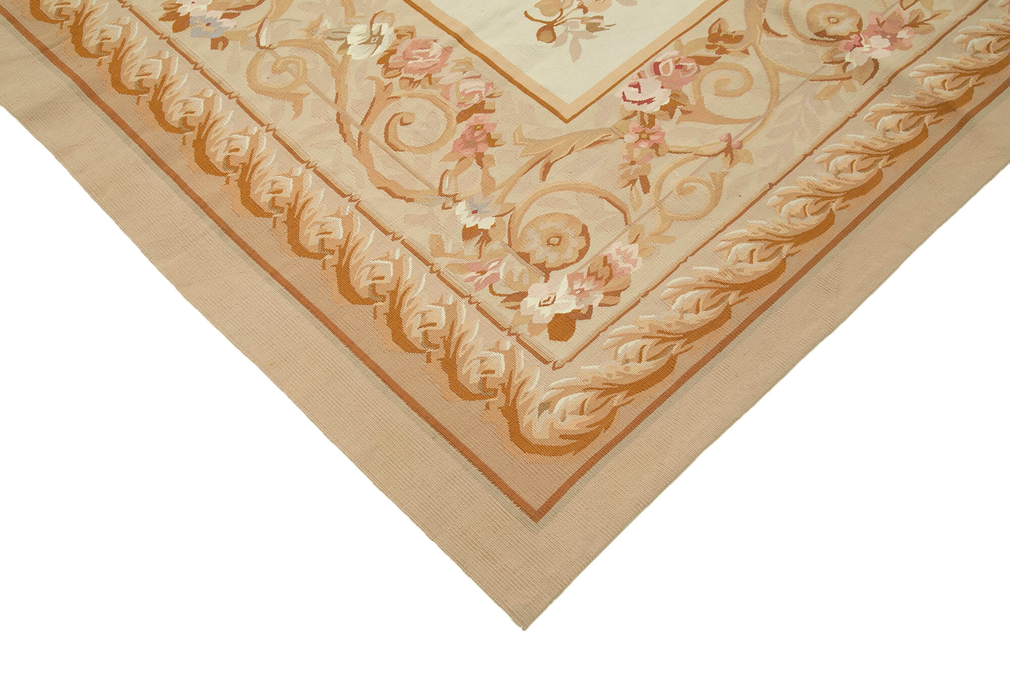 Handmade Wool Area Rug – Beige Floral Cotton Wool Rug, Classic Aubusson Style 9'8''x14'3''