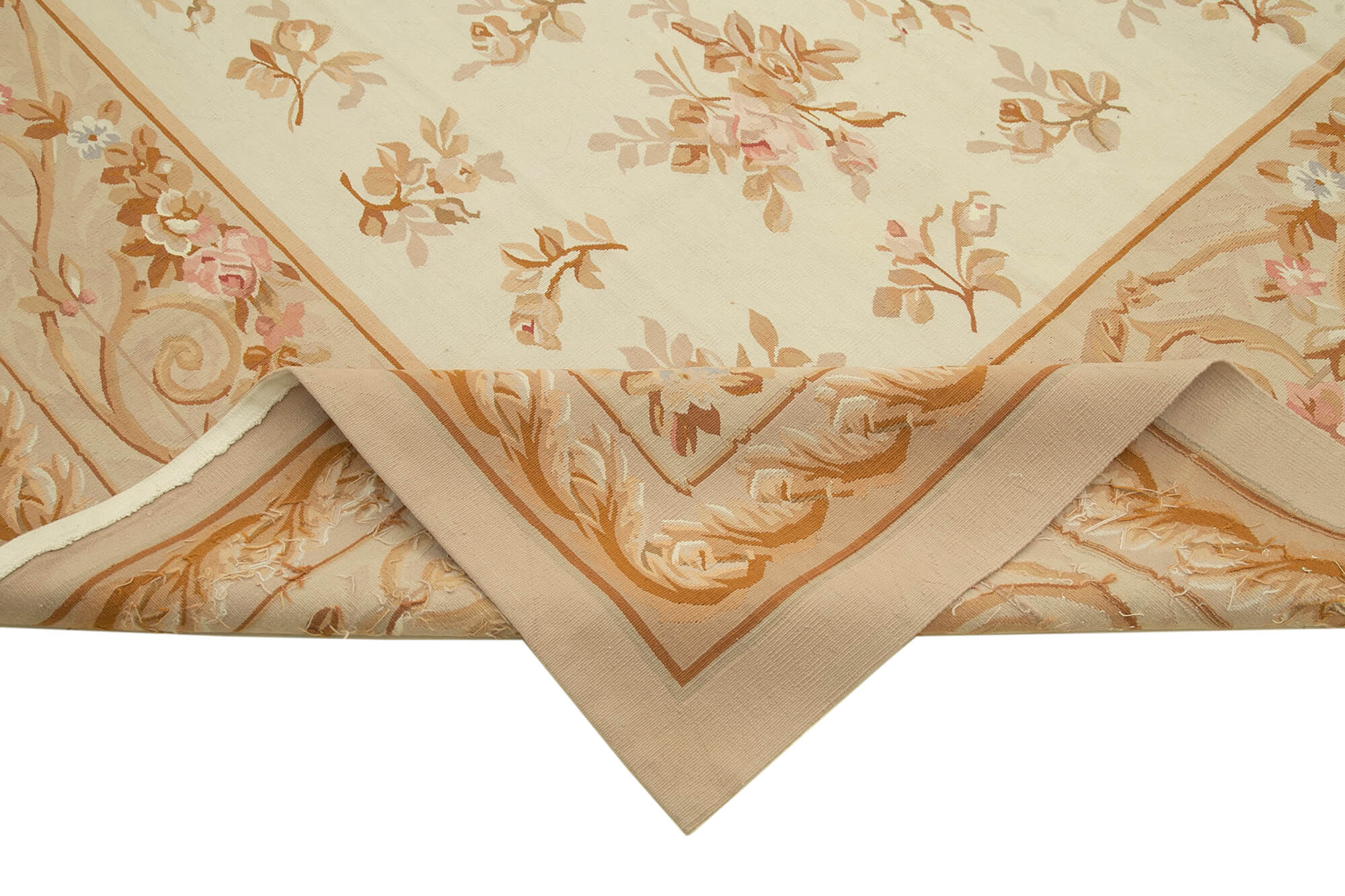 Handmade Wool Area Rug – Beige Floral Cotton Wool Rug, Classic Aubusson Style 9'8''x14'3''