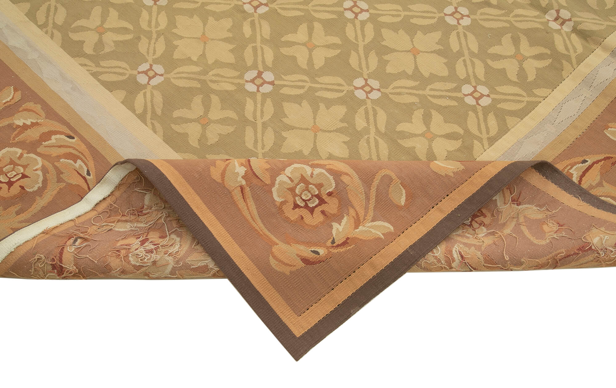 Handmade Area Rug – Brown Floral Wool Cotton Carpet, Hand Woven Vintage Turkish Design 8'6''x11'11''