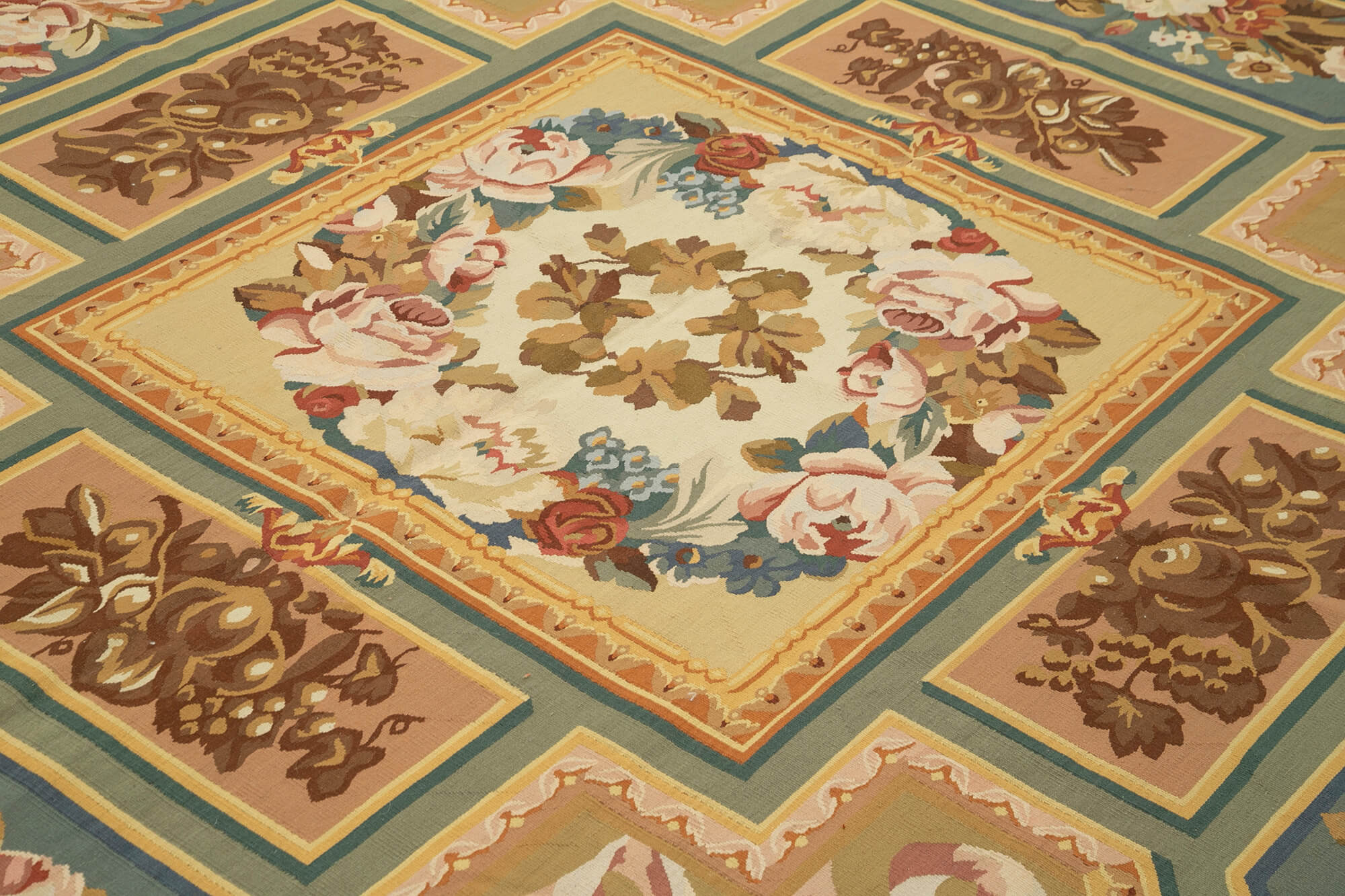 Handmade Area Rug – Beige Floral Cotton Wool Blend, Hand Woven Vintage Turkish Carpet 9'3''x11'11''