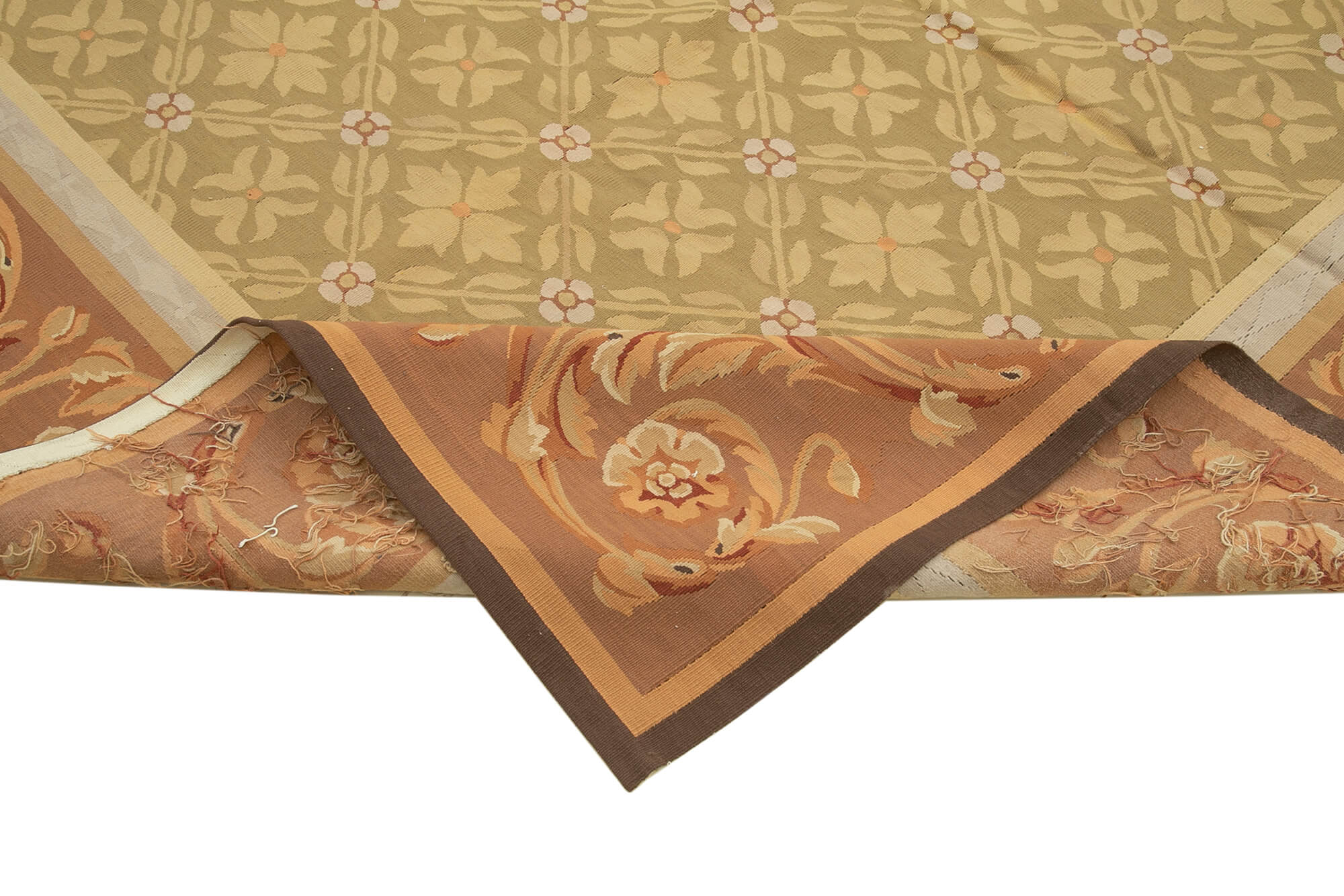 Handmade Wool Area Rug – Brown Cotton Rug With Classic Floral Design 8'7''x11'11''