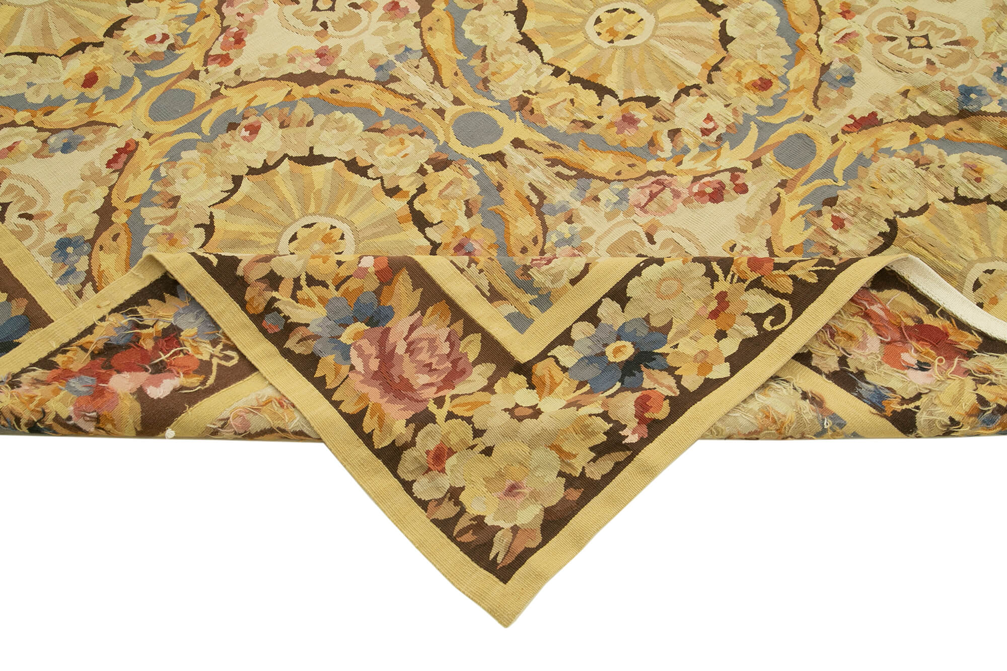 Handmade Area Rug - Yellow Floral Cotton Wool Vintage Turkish Carpet 11'1''x12'6''
