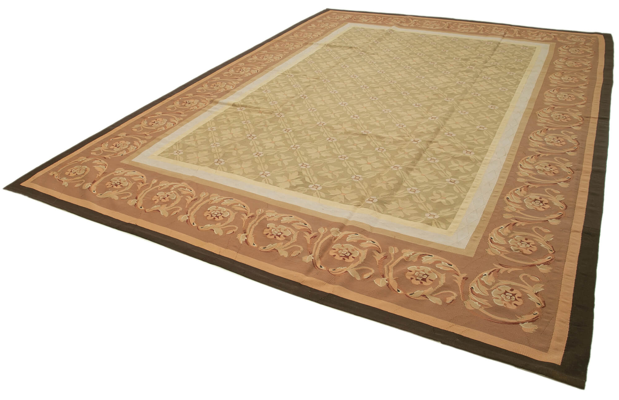 Handmade Wool Area Rug - Brown Floral Carpet, Cotton Wool Blend, 9'8''x13'8''