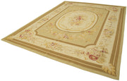 Handmade Area Rug – Vintage Wool Cotton Floral Beige Carpet 8'11''x12'0''