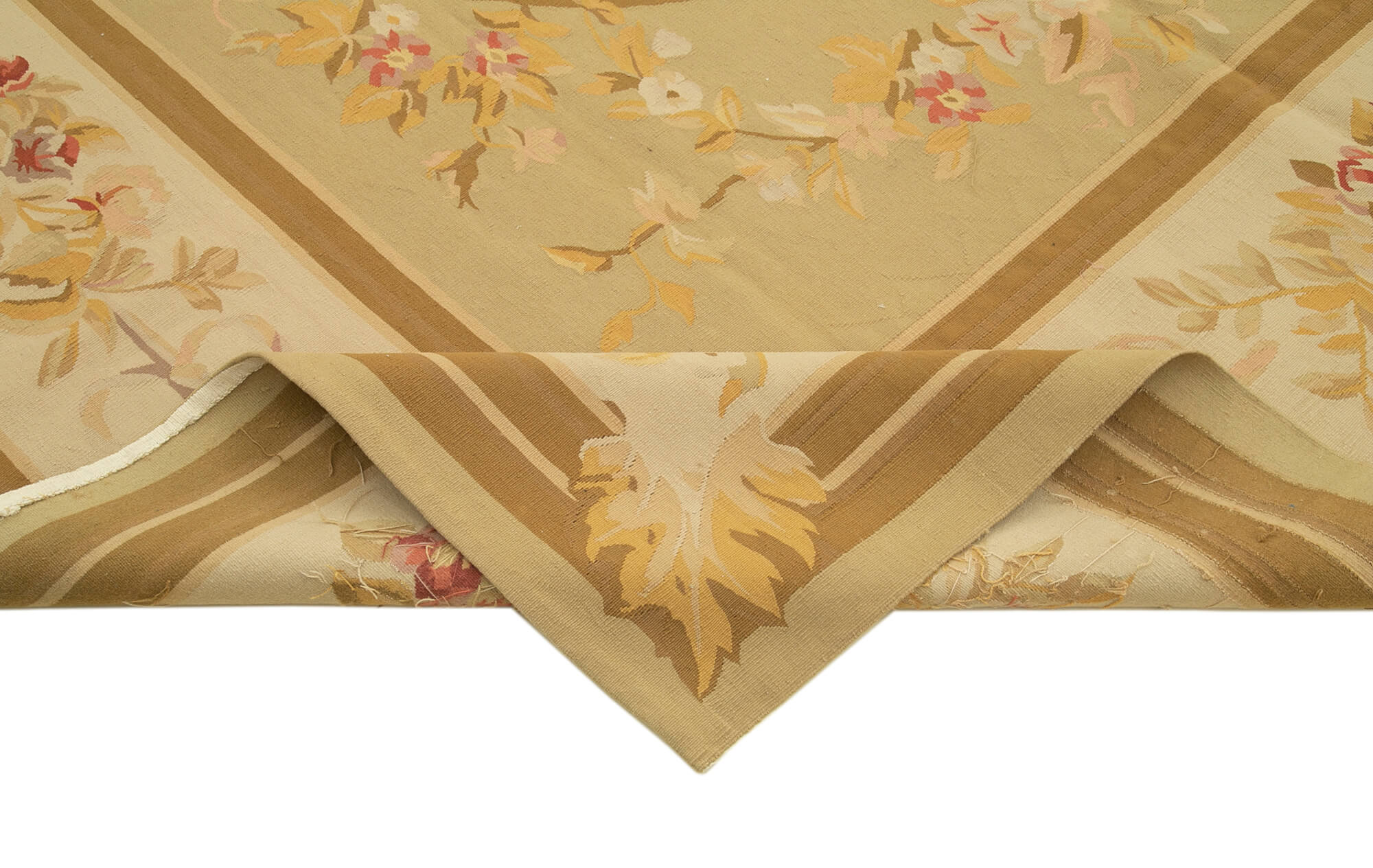 Handmade Area Rug – Vintage Wool Cotton Floral Beige Carpet 8'11''x12'0''
