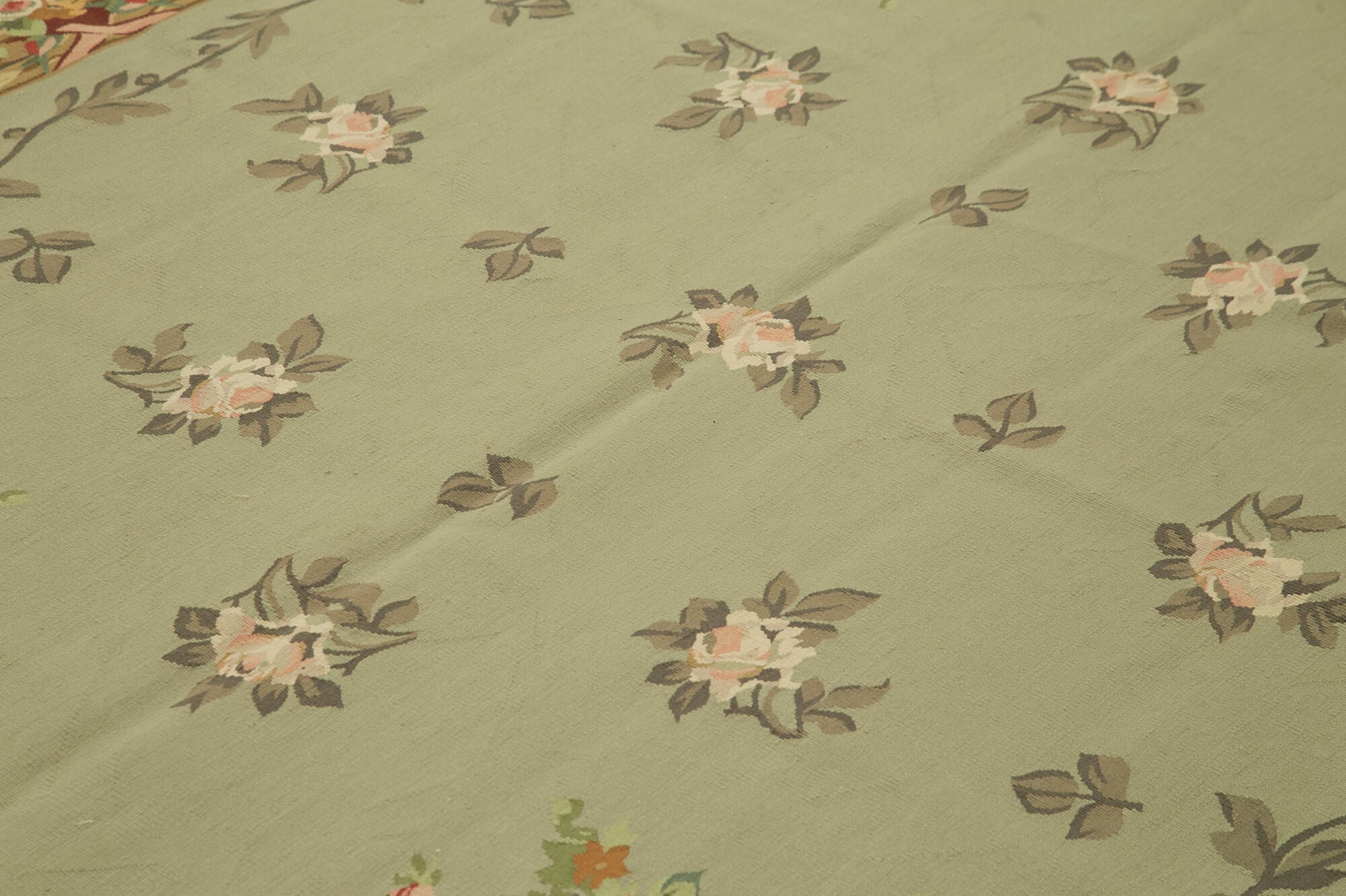 Handmade Wool Area Rug – Green Floral Design, Cotton Wool Carpet 8'10''x11'11''