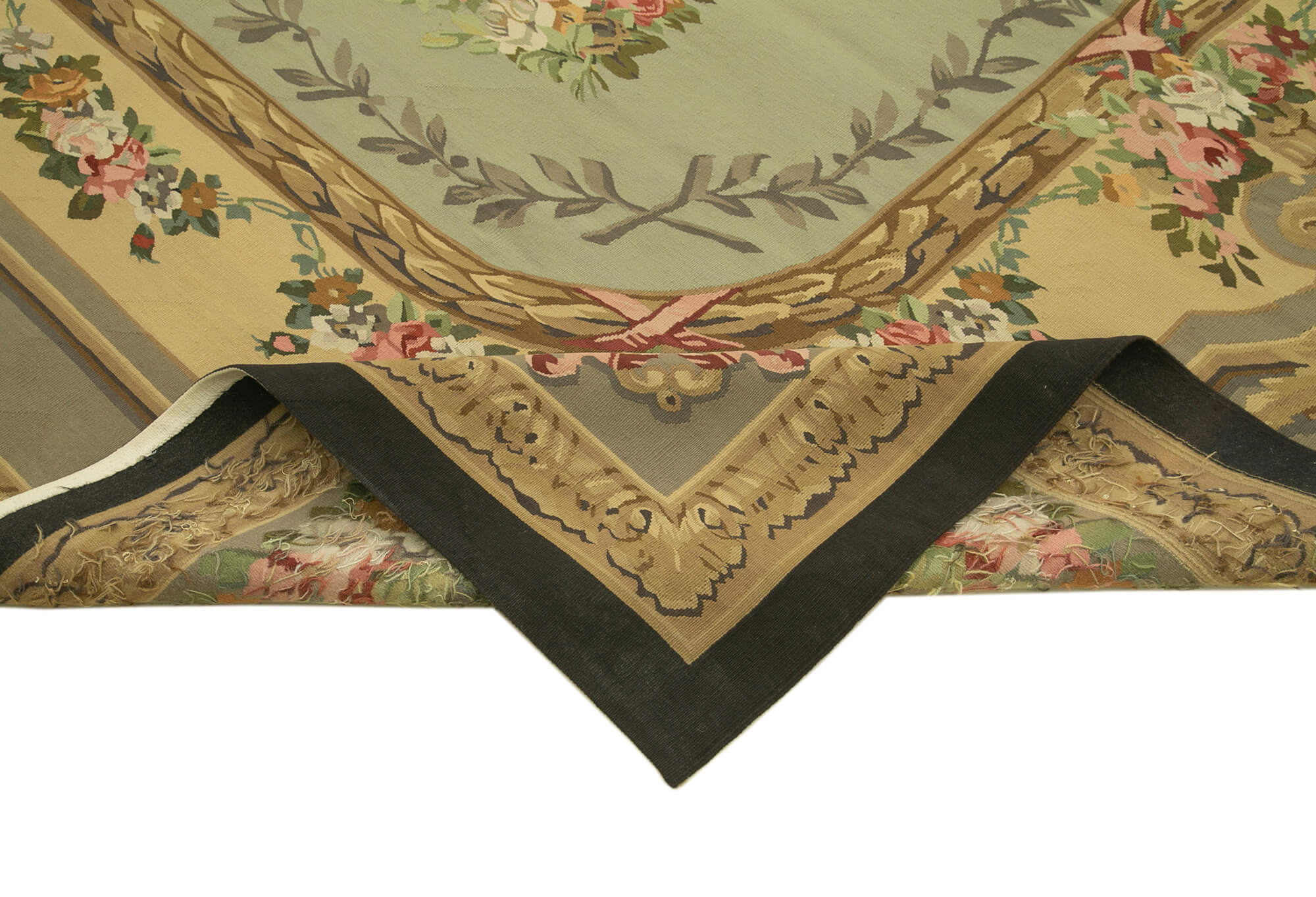 Handmade Wool Area Rug – Green Floral Design, Cotton Wool Carpet 8'10''x11'11''
