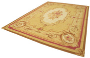 Handmade Area Rug – Yellow Floral Cotton Wool Vintage Hand Woven Carpet 8'8''x11'11''