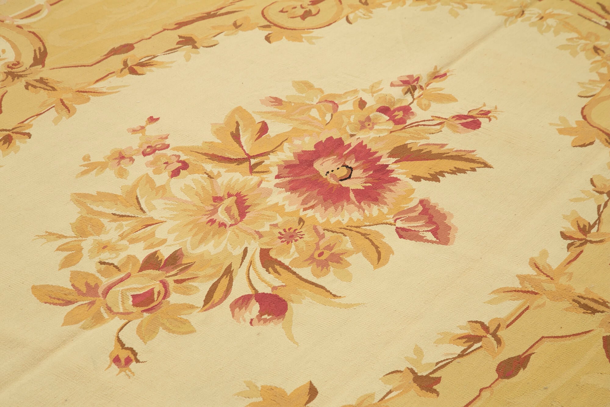 Handmade Area Rug – Yellow Floral Cotton Wool Vintage Hand Woven Carpet 8'8''x11'11''