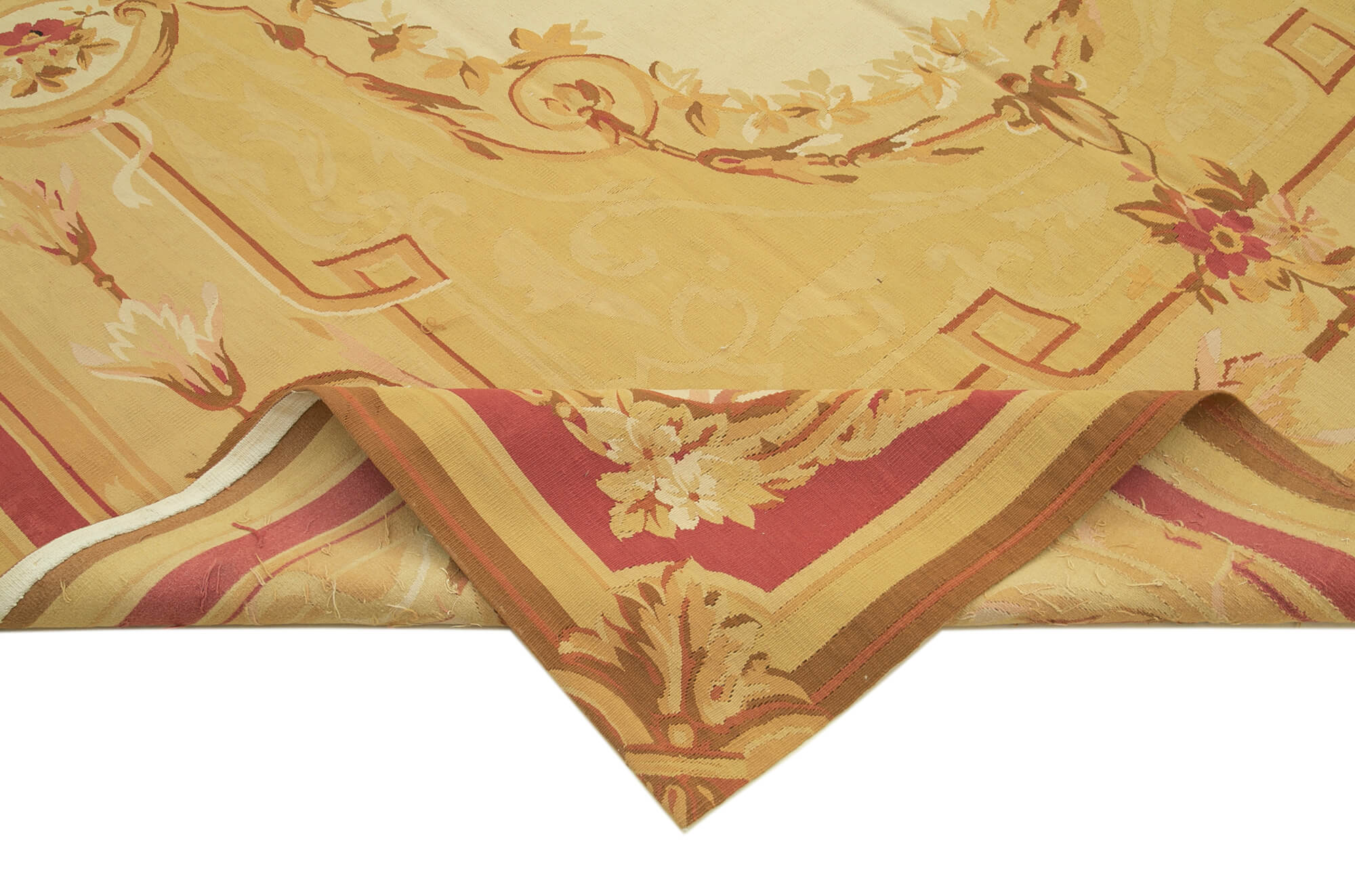 Handmade Area Rug – Yellow Floral Cotton Wool Vintage Hand Woven Carpet 8'8''x11'11''