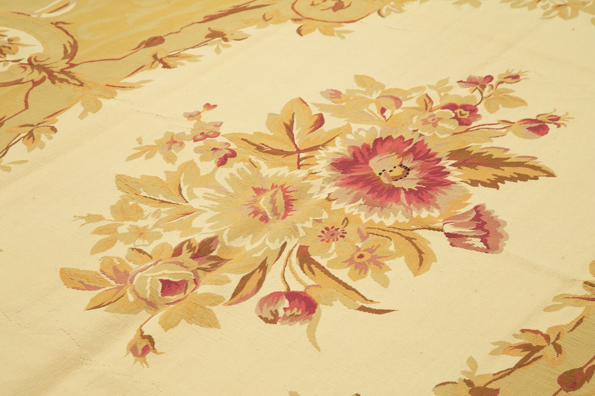 Handmade Area Rug – Aubusson Floral Yellow Cotton Wool Vintage Turkish Carpet 8'10''x12'