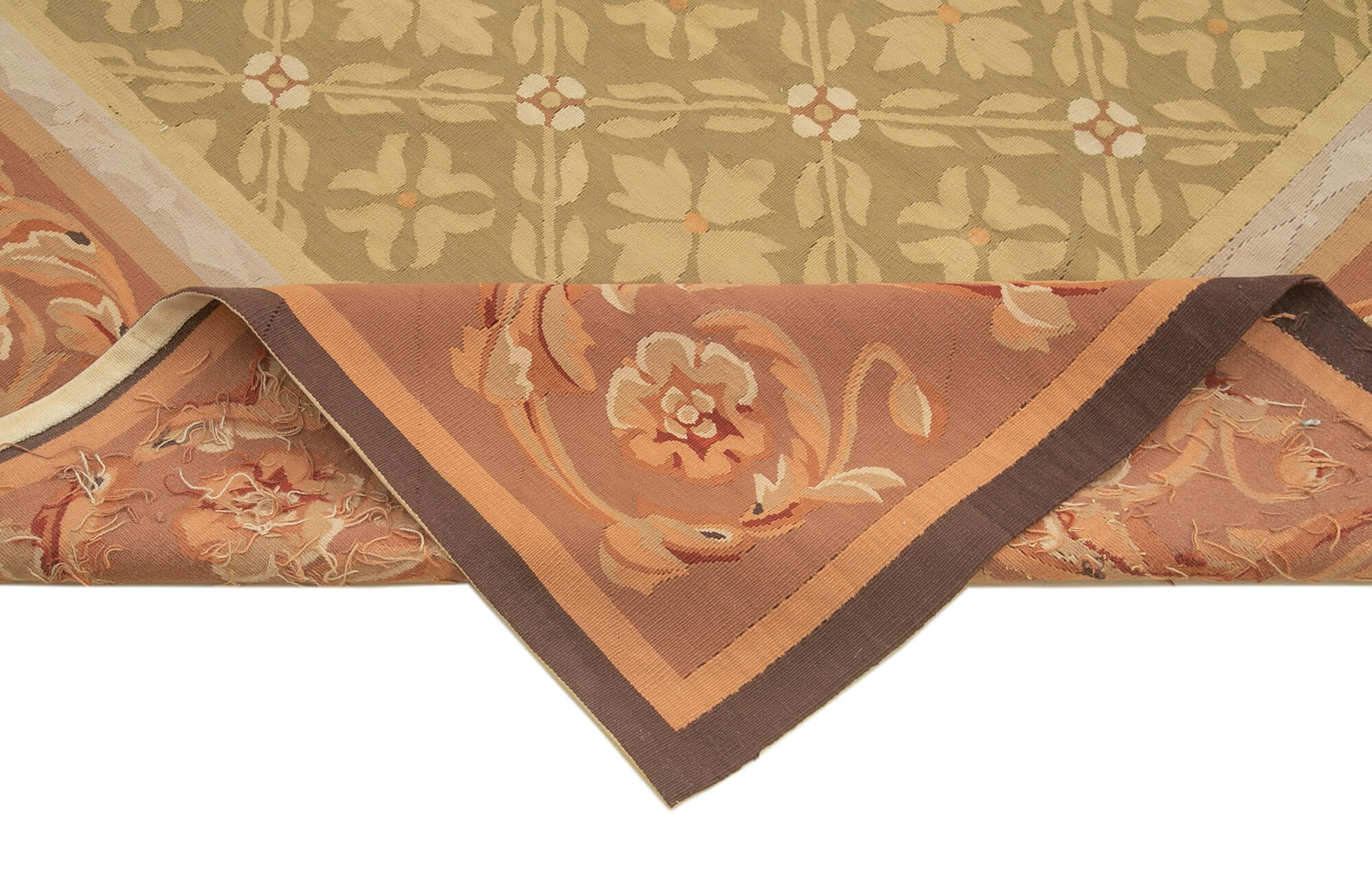 Handmade Area Rug – Brown Floral Cotton Wool Vintage Hand Woven Carpet 8'7''x12'