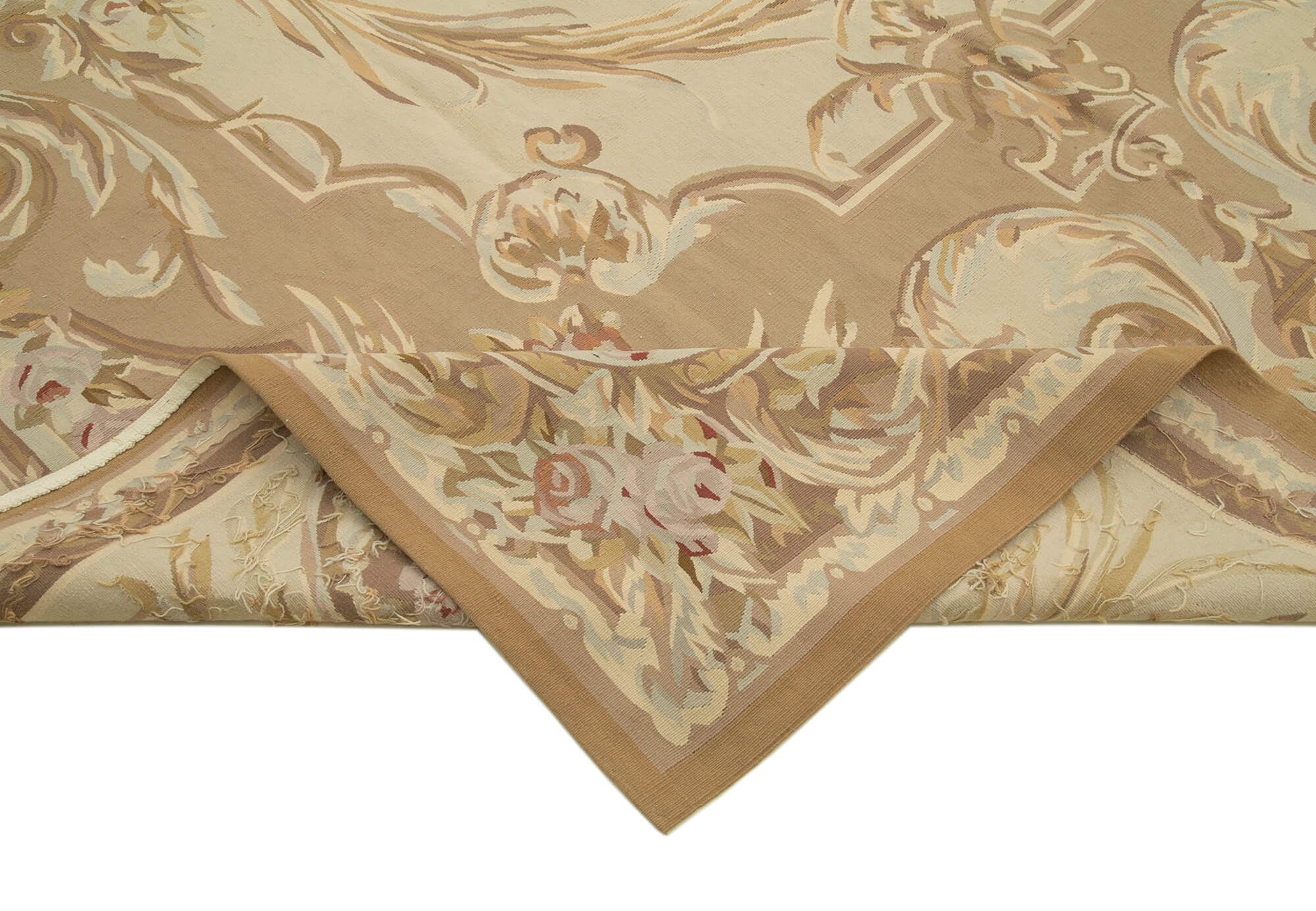 Handmade Area Rug – Wool Cotton Floral Beige Vintage Turkish Woven Carpet 8'10"x12'0"