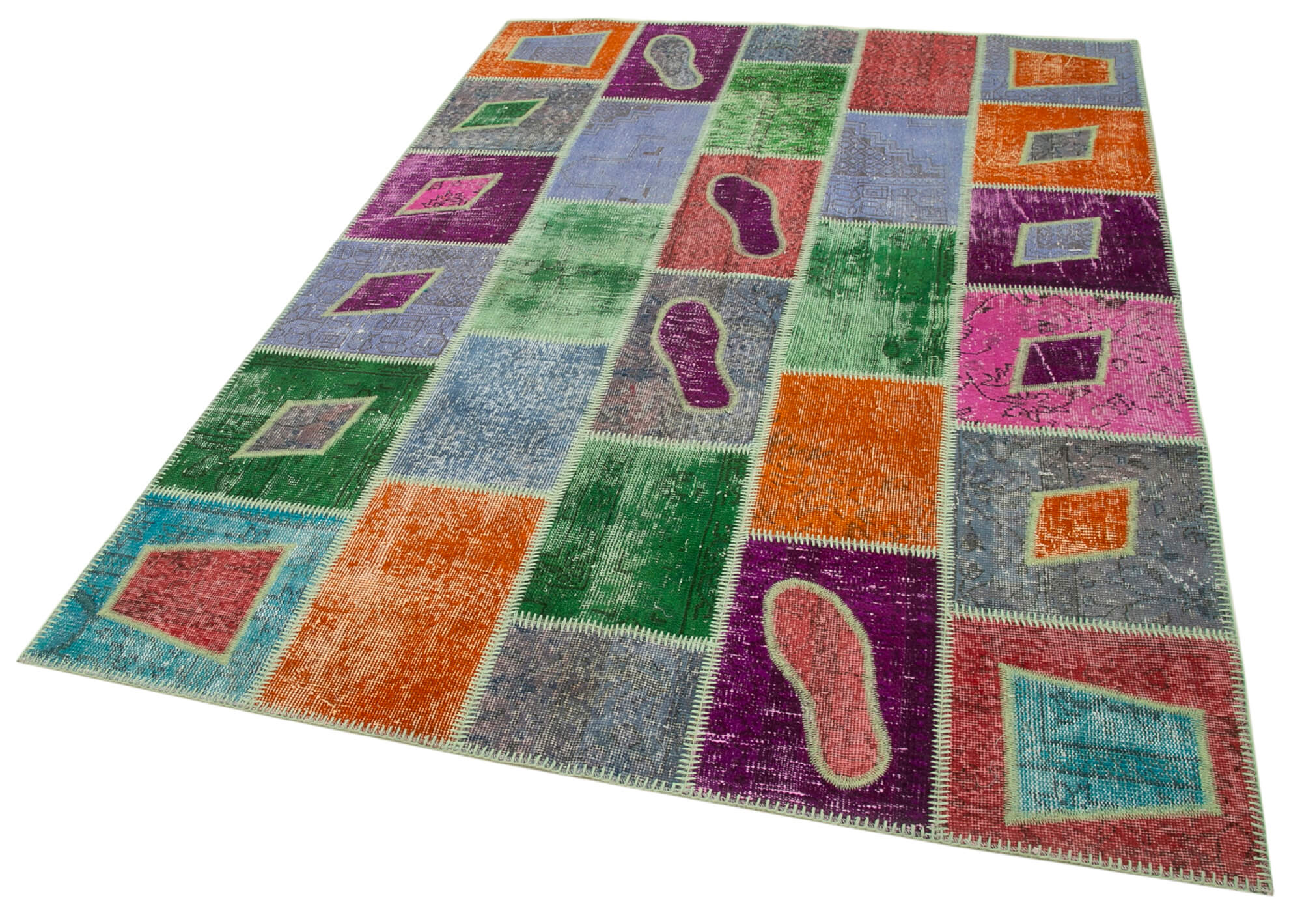 Handmade Area Rug | Grey Patchwork Wool Cotton Vintage Turkish Carpet 5'5"x7'9"