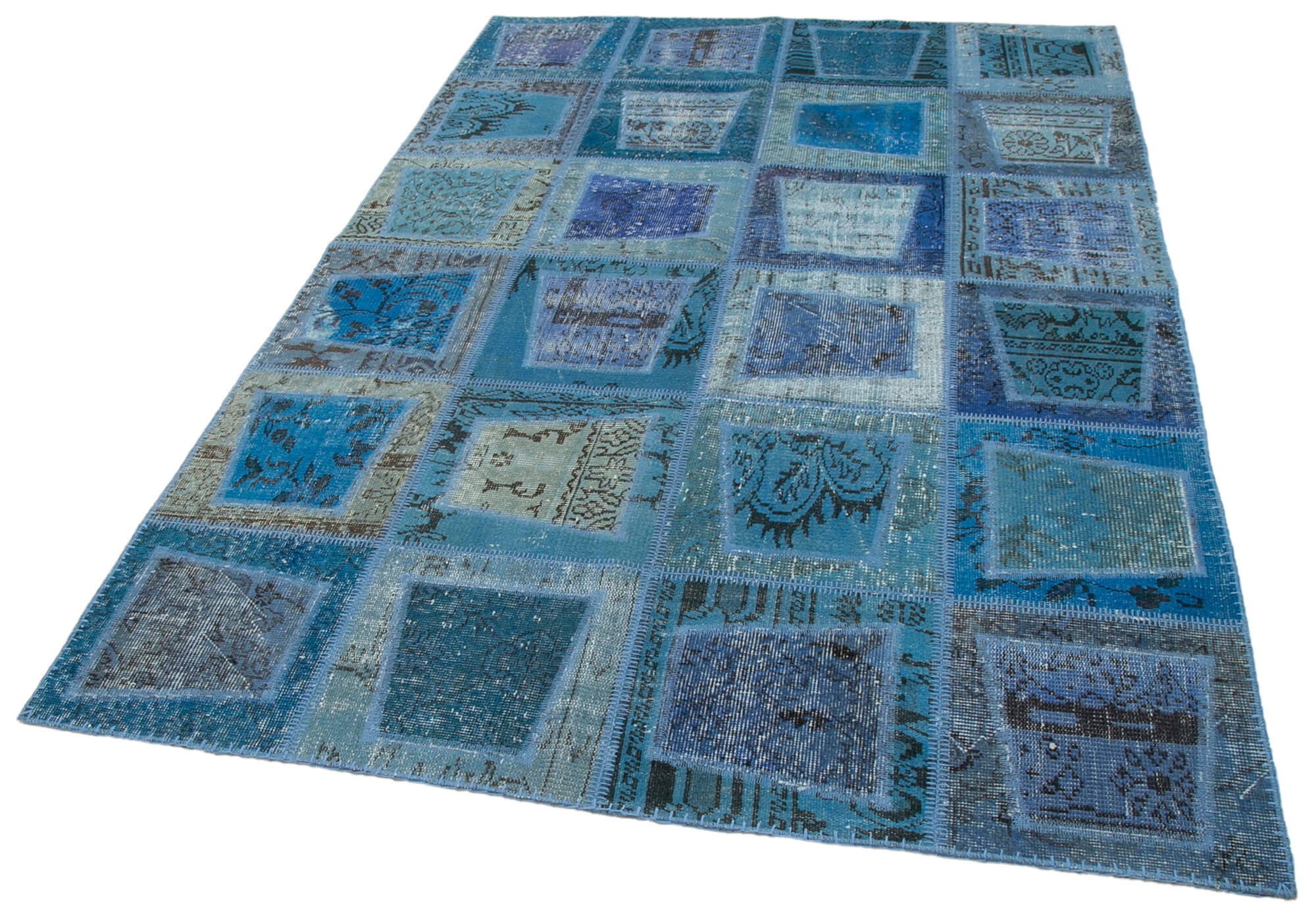 Handmade Wool Area Rug – Blue Patchwork Rug Cotton Wool Carpet 5'3''x7'10''