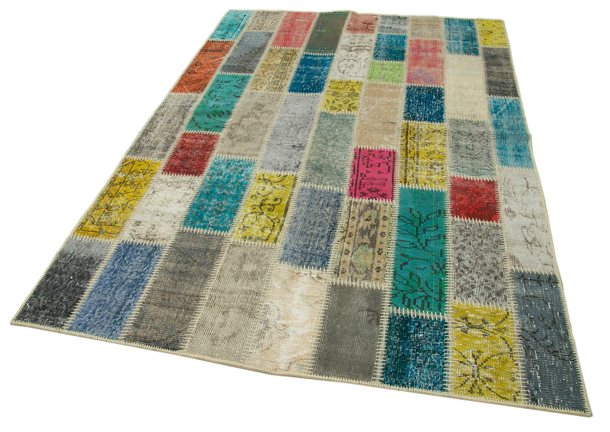 Handmade Area Rug - Kirk Yama Grey Patchwork Cotton Wool Carpet 5'3''x7'10''