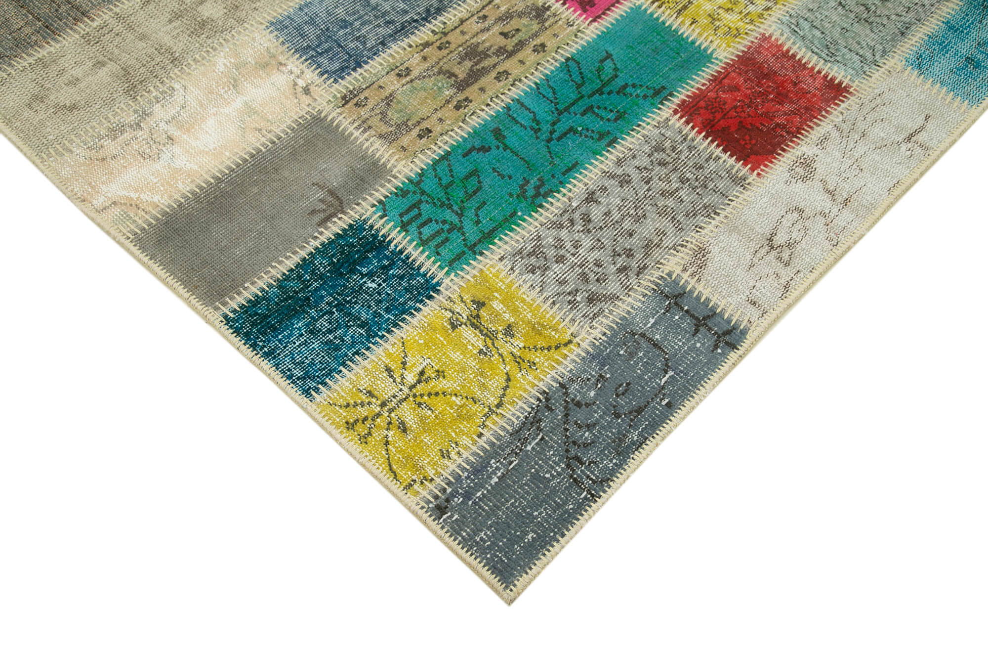 Handmade Area Rug - Kirk Yama Grey Patchwork Cotton Wool Carpet 5'3''x7'10''
