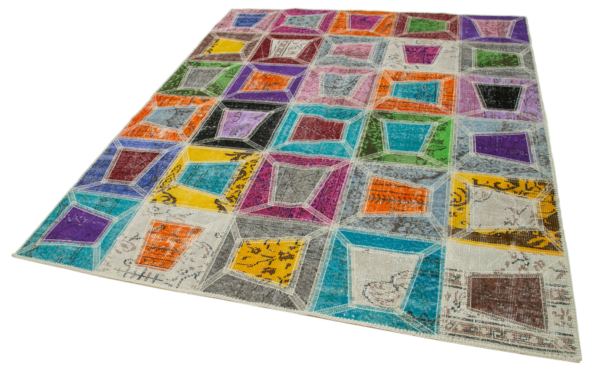Handmade Patchwork Rug - Grey Area Rug 6'4" x 7'9" Cotton Wool Carpet