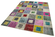 Handmade Wool Area Rug | Vintage Turkish Carpet Grey Patchwork 5'10''x7'9''