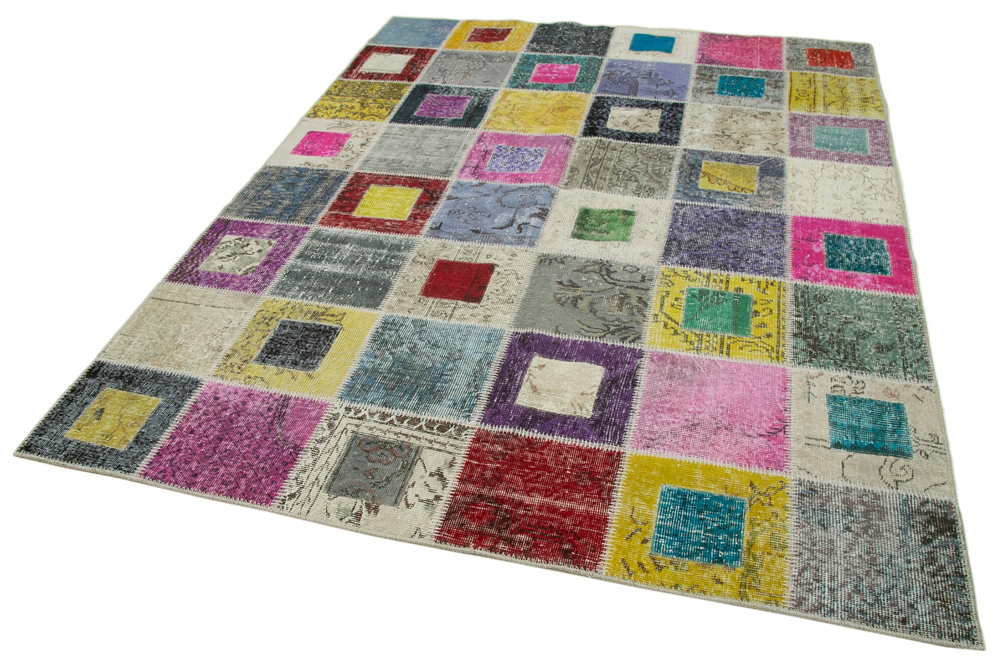 Handmade Wool Area Rug | Vintage Turkish Carpet Grey Patchwork 5'10''x7'9''