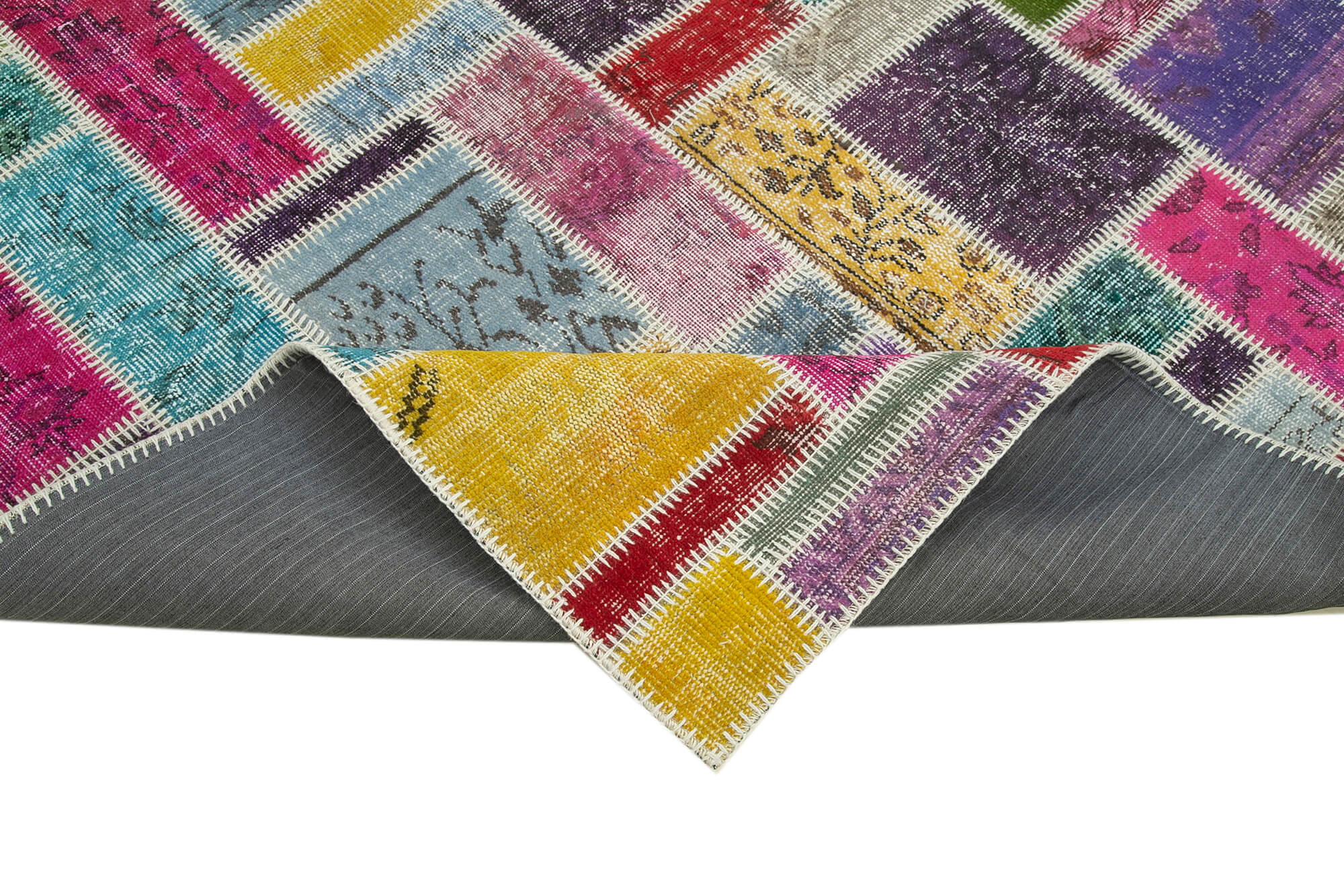 Handmade Area Rug - Kirk Yama Grey Patchwork Cotton Wool Vintage Carpet 5'5''x8'2''