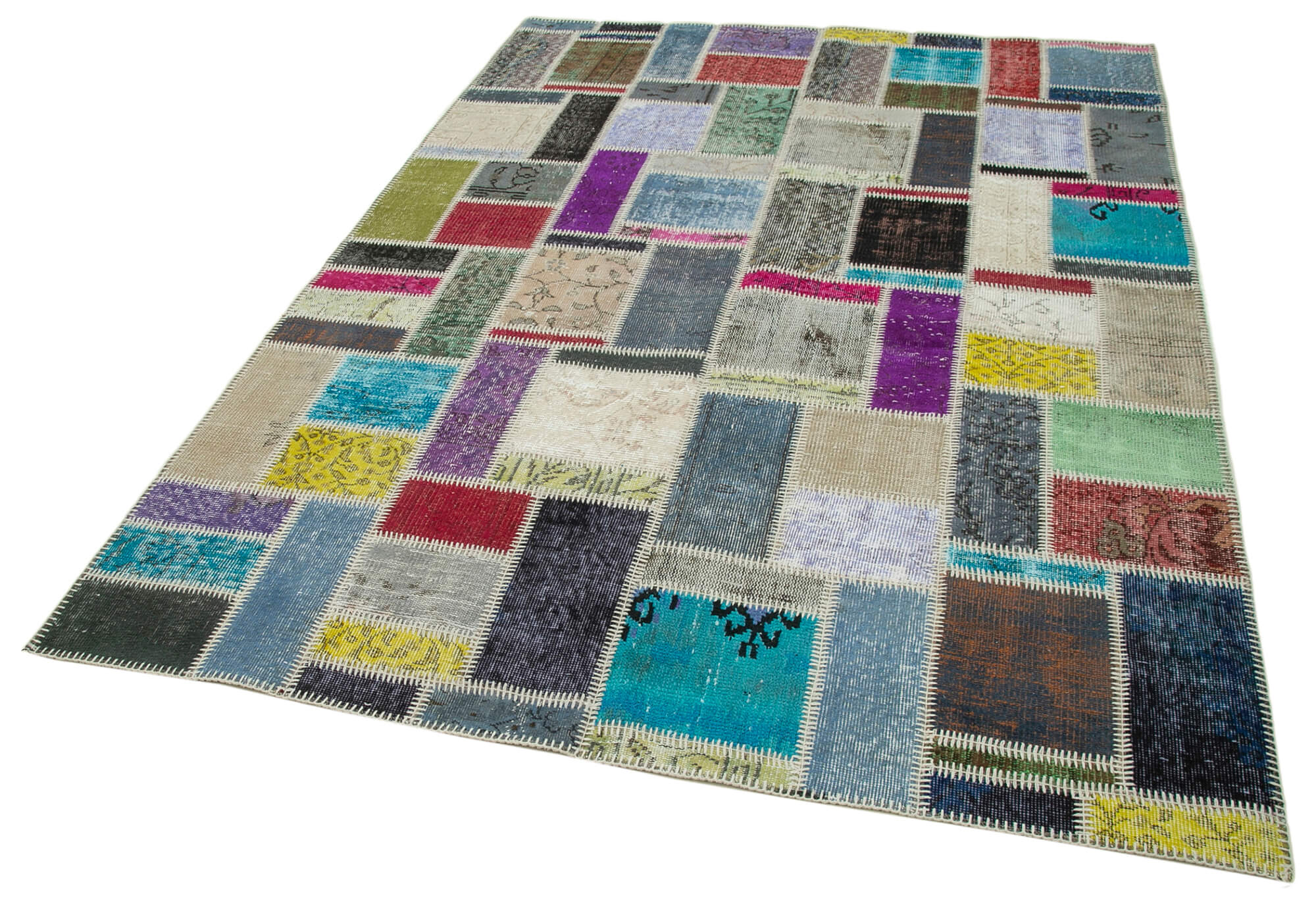 Handmade Area Rug | Grey Patchwork Turkish Wool Carpet 5'9''x8'1'' | Cotton Wool Rug