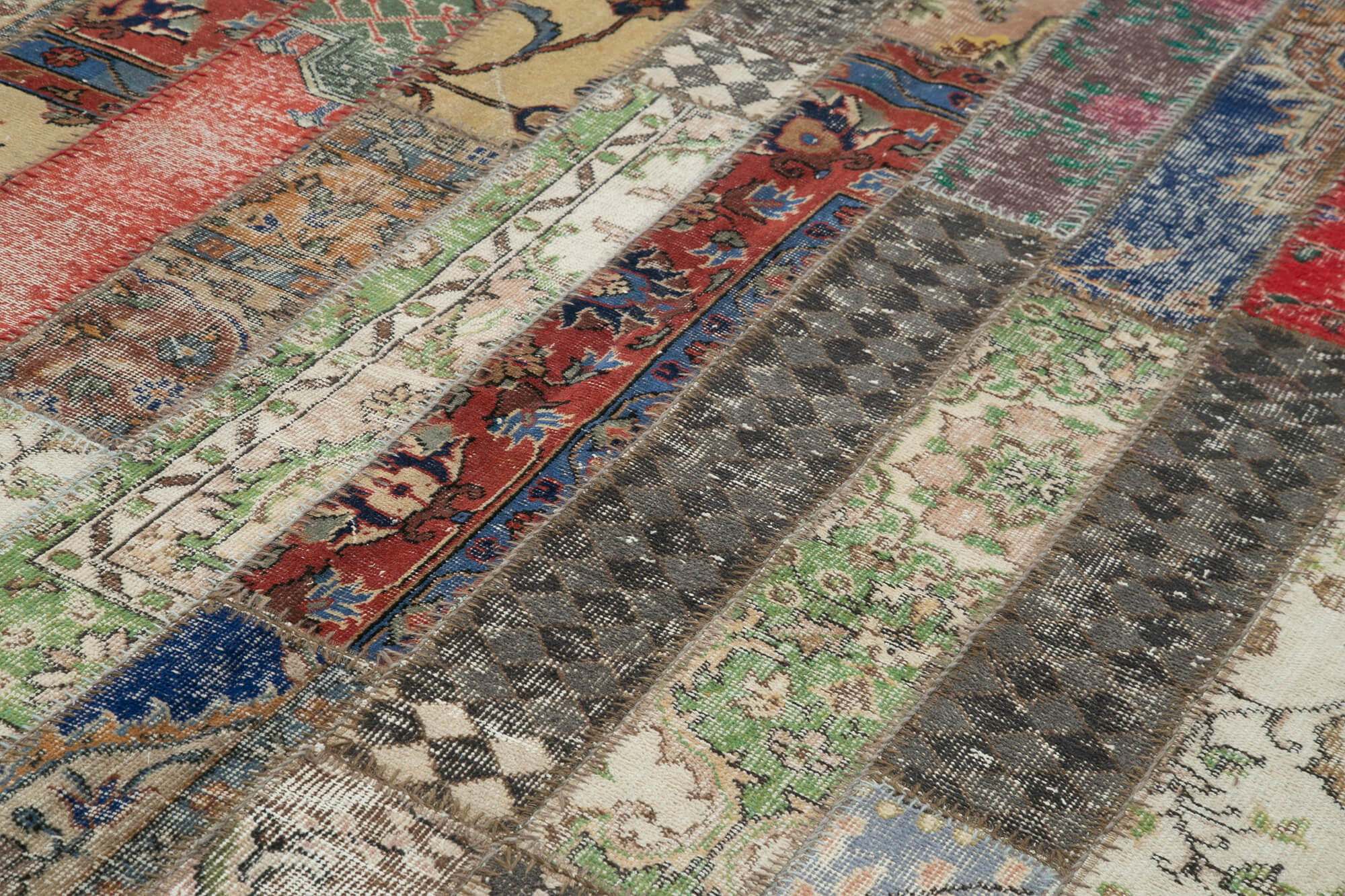 Handmade Area Rug - Kirk Yama Grey Patchwork Cotton Wool Vintage Turkish Carpet 6'8" x 10'