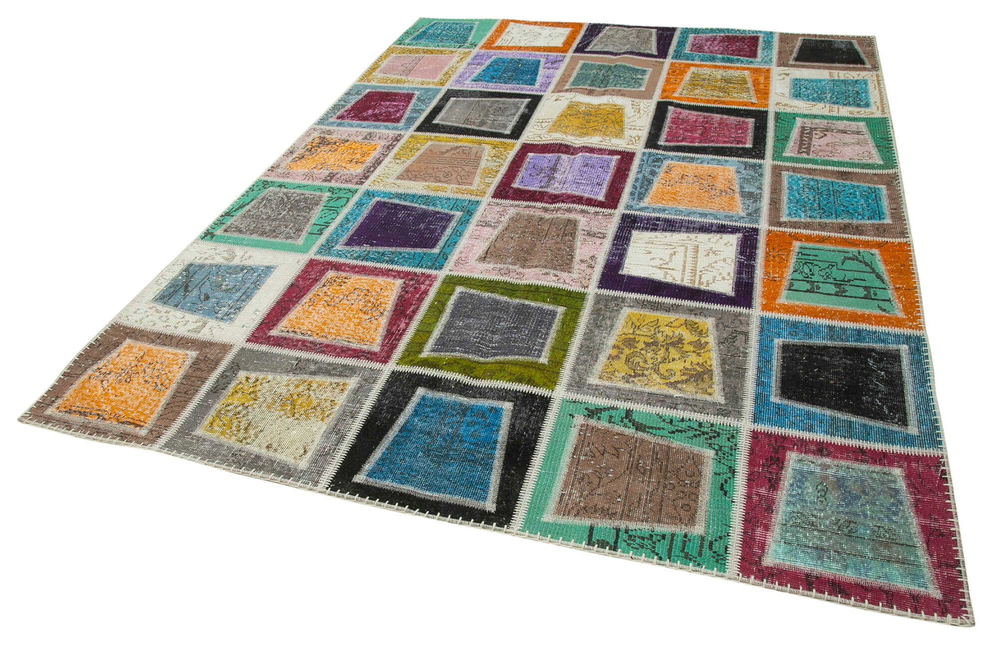 Handmade Wool Area Rug | Kirk Yama Grey Patchwork Cotton Wool Rug 6'6''x9'1''