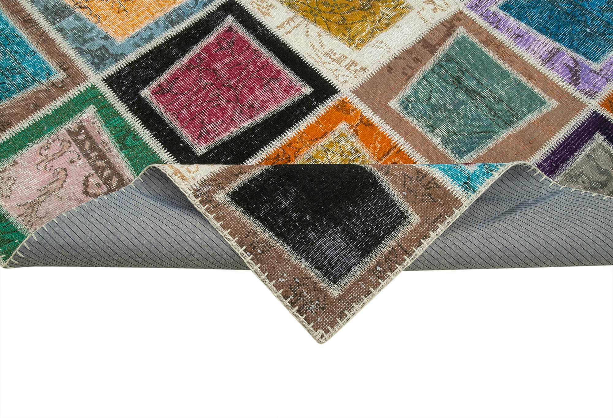 Handmade Wool Area Rug | Kirk Yama Grey Patchwork Cotton Wool Rug 6'6''x9'1''