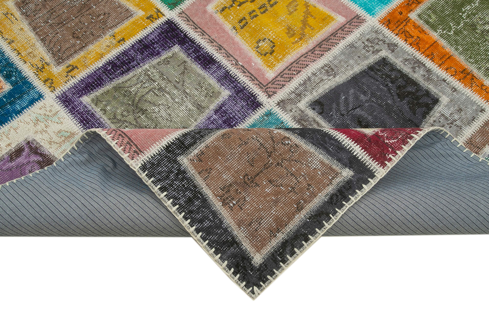 Handmade Area Rug - Grey Patchwork Wool Cotton Vintage Turkish Carpet 6'7''x9'2''