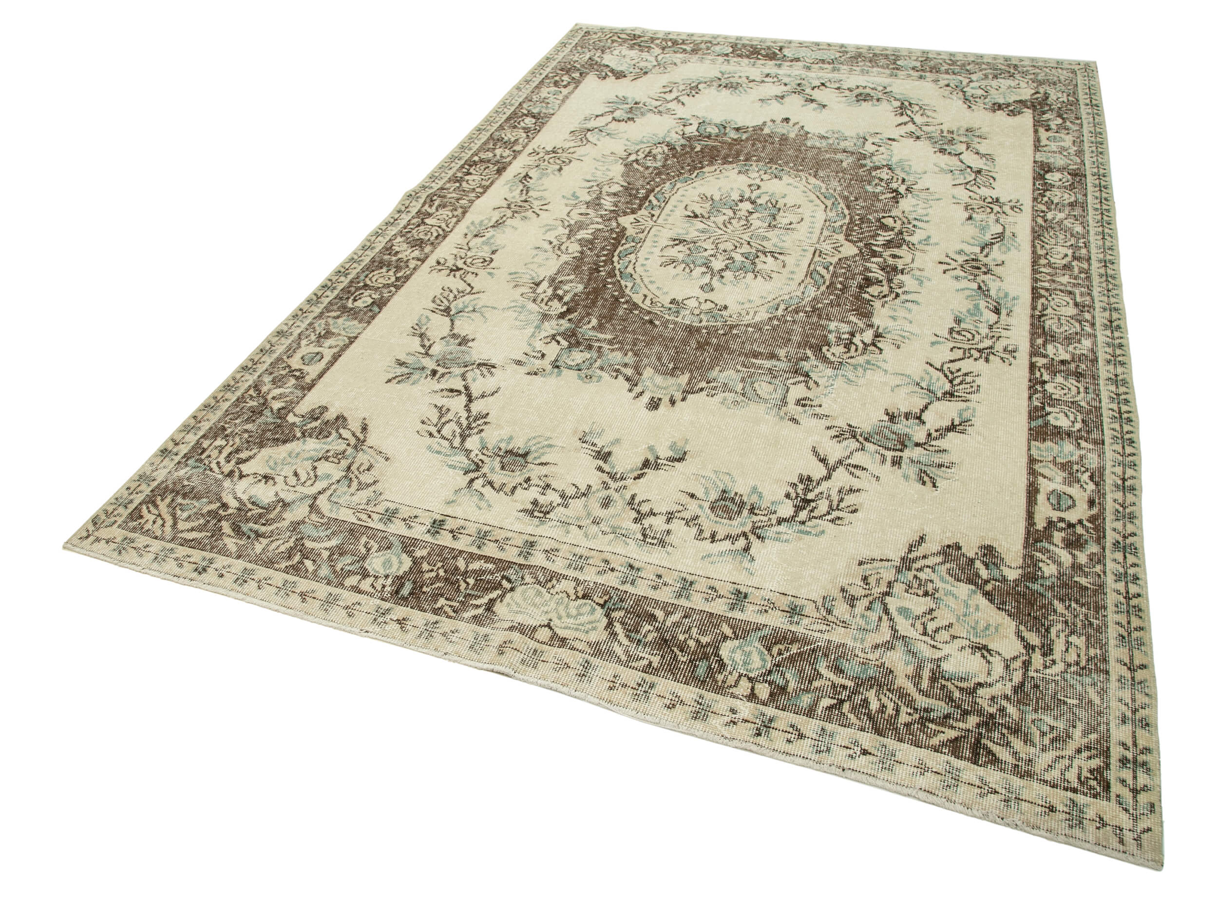 Handmade Wool Area Rug - Vintage Cotton Rug Beige Area Carpet 6'x9'6''
