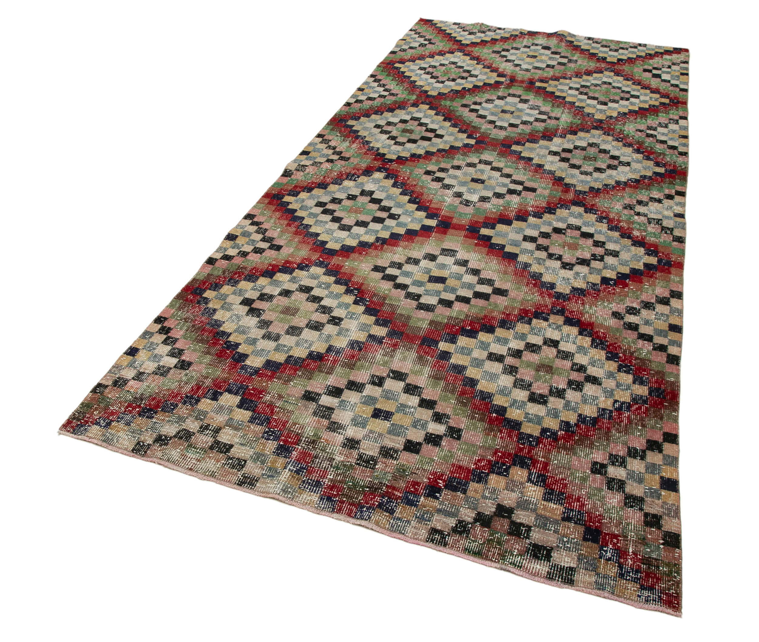Handmade Area Rug – Checkered Runner Rug Cotton Wool Flat Weave Carpet 4'8''x10'