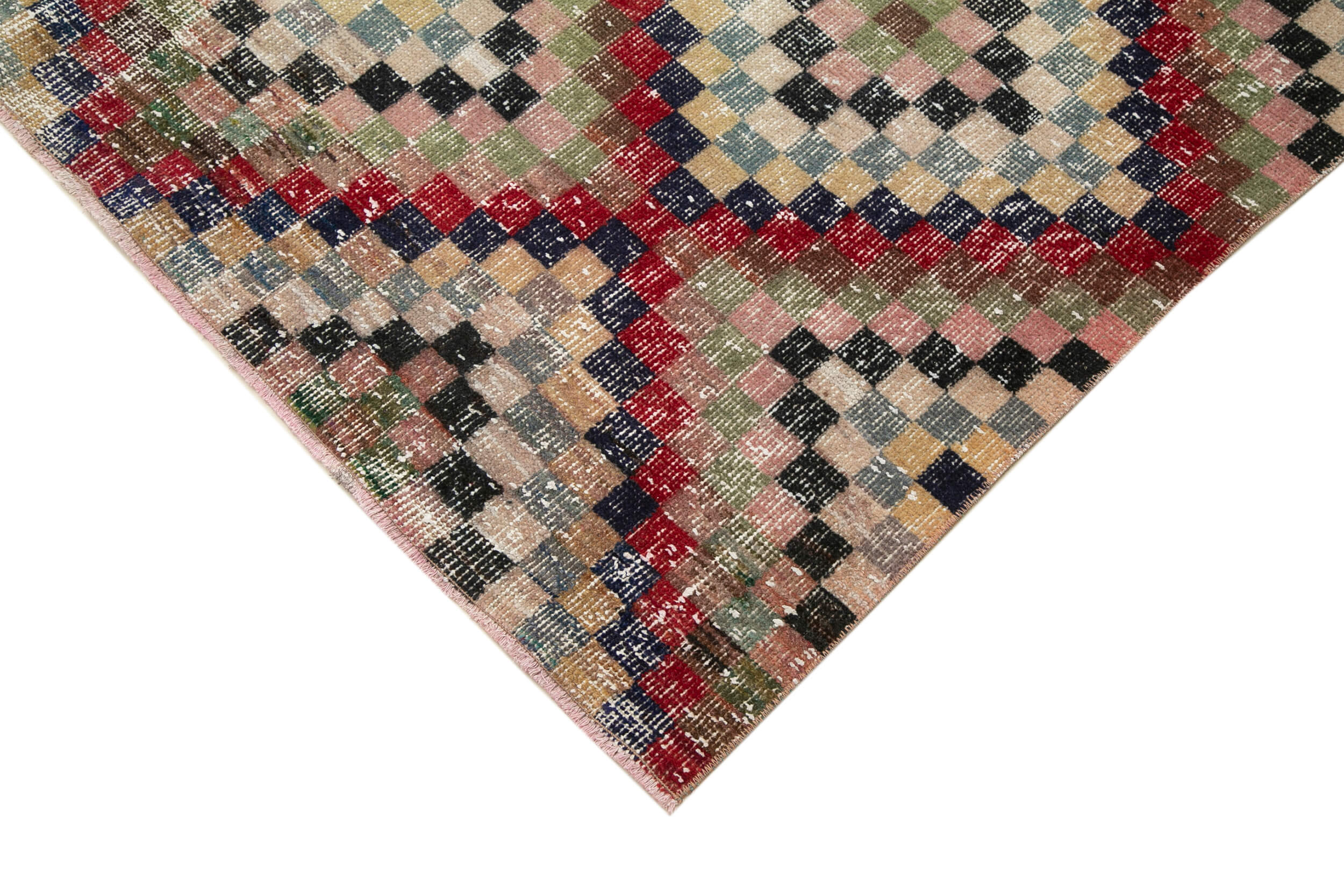 Handmade Area Rug – Checkered Runner Rug Cotton Wool Flat Weave Carpet 4'8''x10'