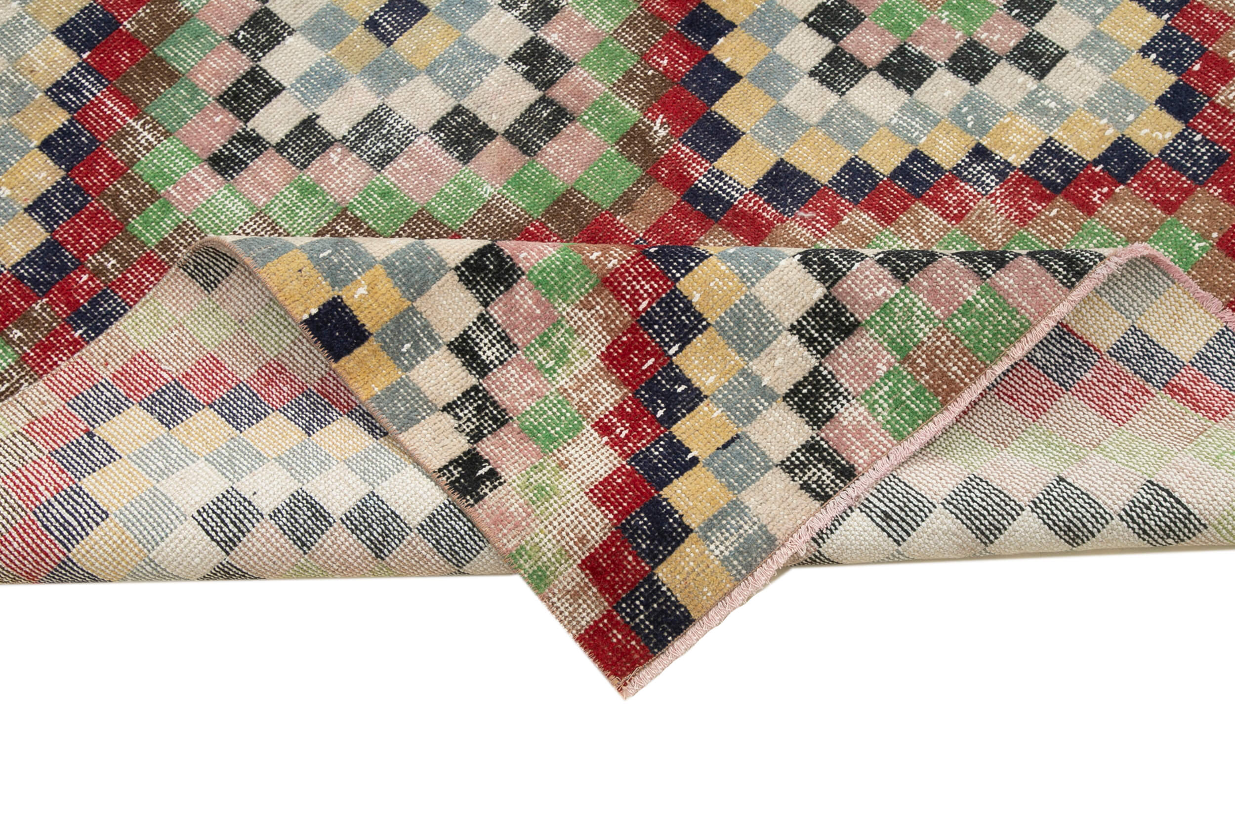 Handmade Area Rug – Checkered Runner Rug Cotton Wool Flat Weave Carpet 4'8''x10'