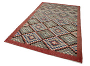 Handmade Wool Area Rug - Red Checkered Kilim 5x9 Cotton Wool Rug | Durable Floor Covering