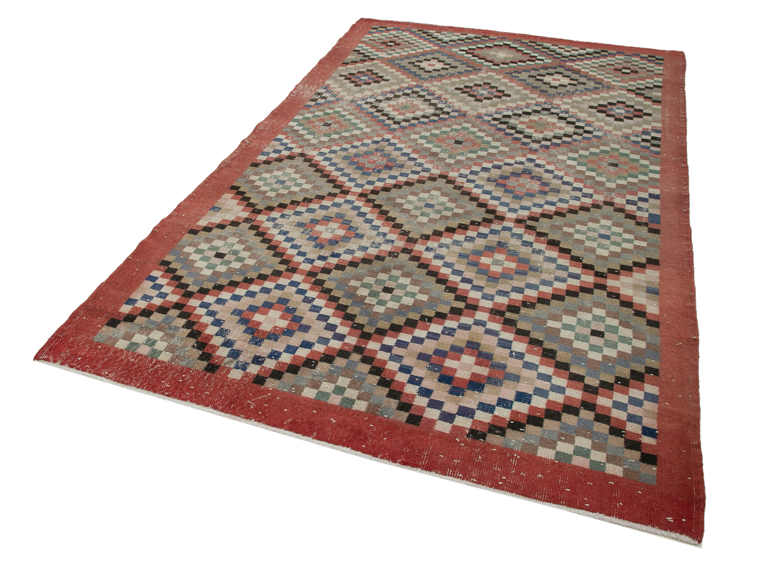 Handmade Wool Area Rug - Red Checkered Kilim 5x9 Cotton Wool Rug | Durable Floor Covering