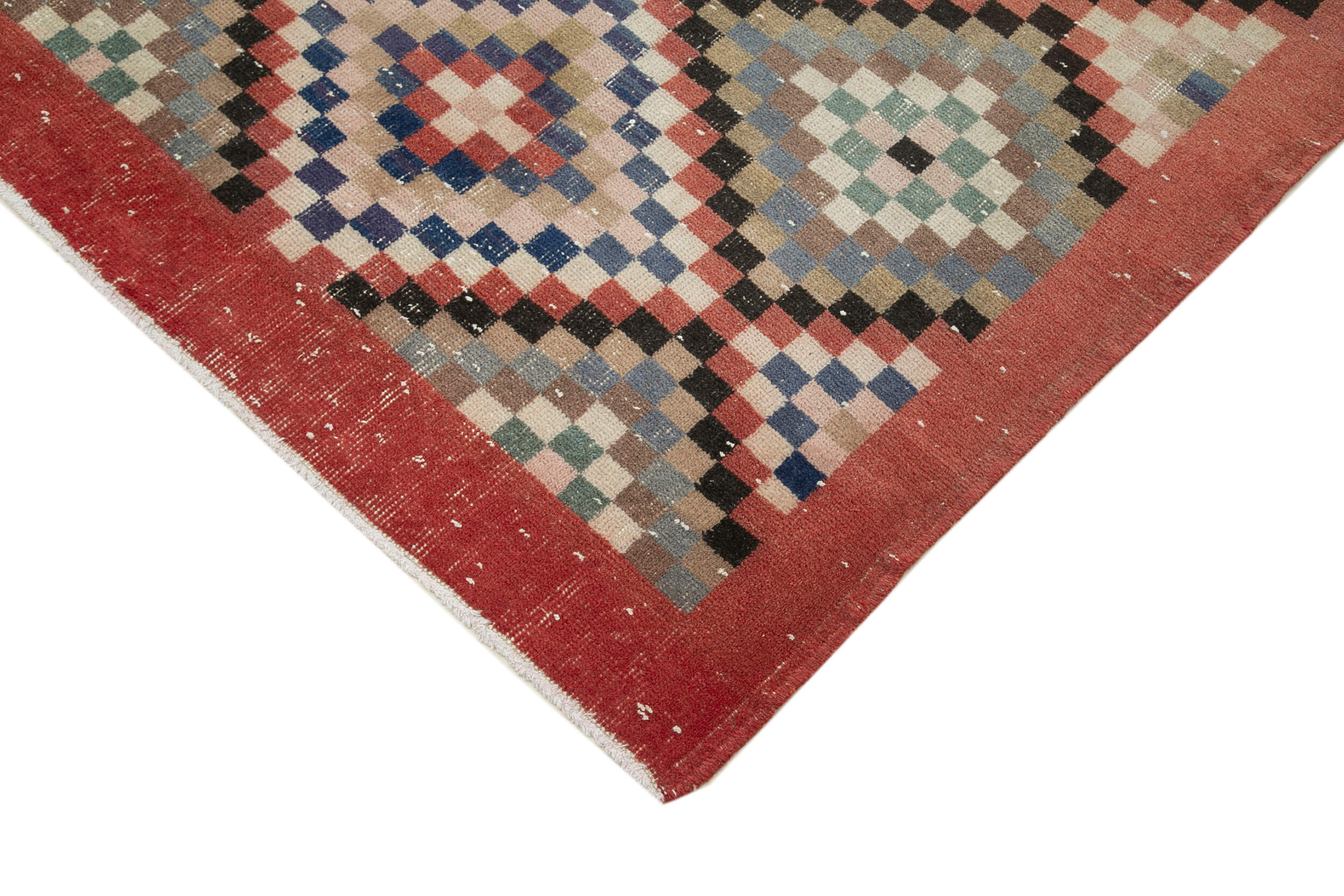 Handmade Wool Area Rug - Red Checkered Kilim 5x9 Cotton Wool Rug | Durable Floor Covering