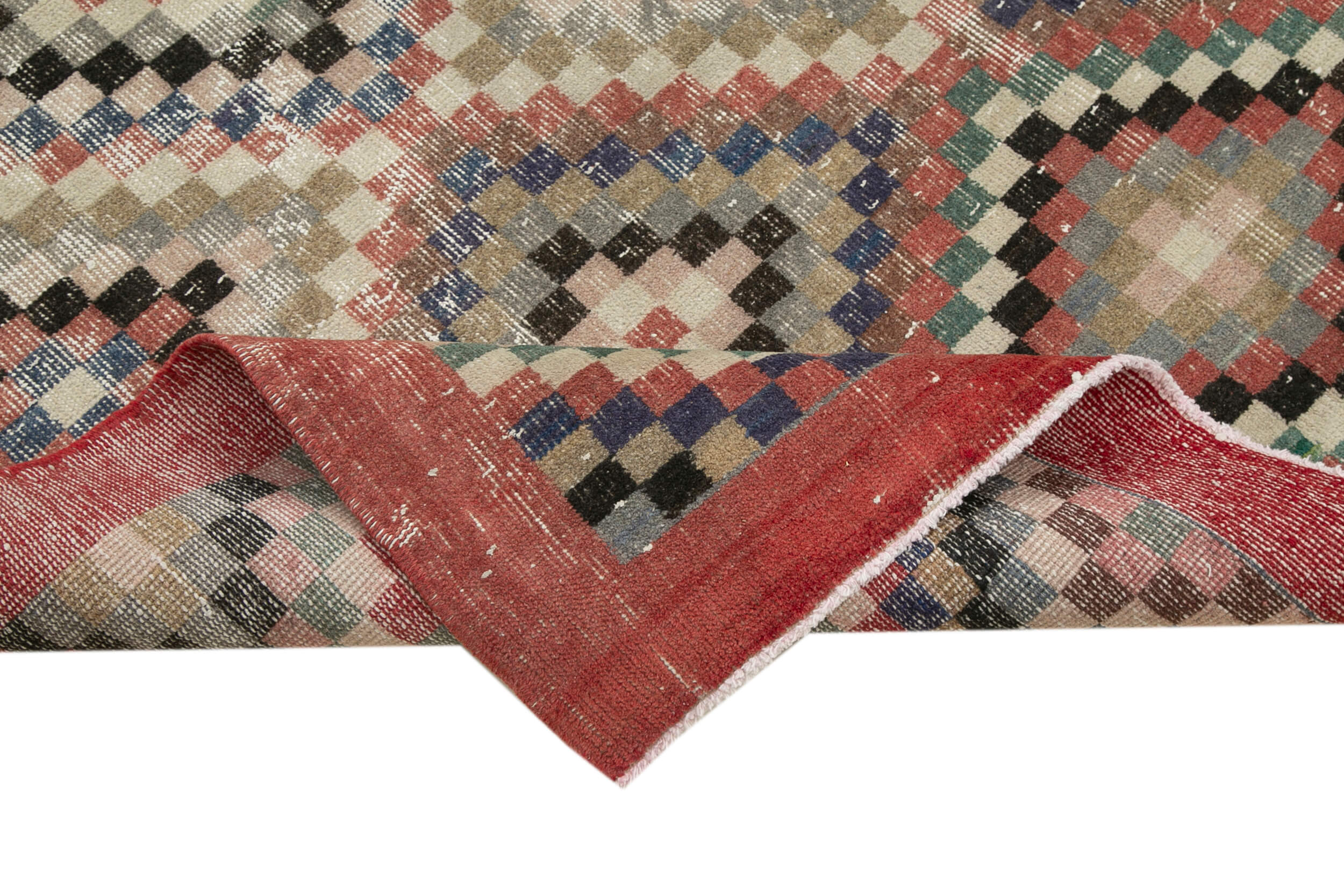 Handmade Wool Area Rug - Red Checkered Kilim 5x9 Cotton Wool Rug | Durable Floor Covering