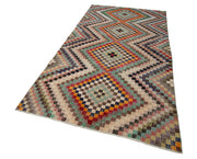 Handmade Cotton Wool Rug - Beige Checkered Turkish Kilim Carpet 4'10" x 9'11"