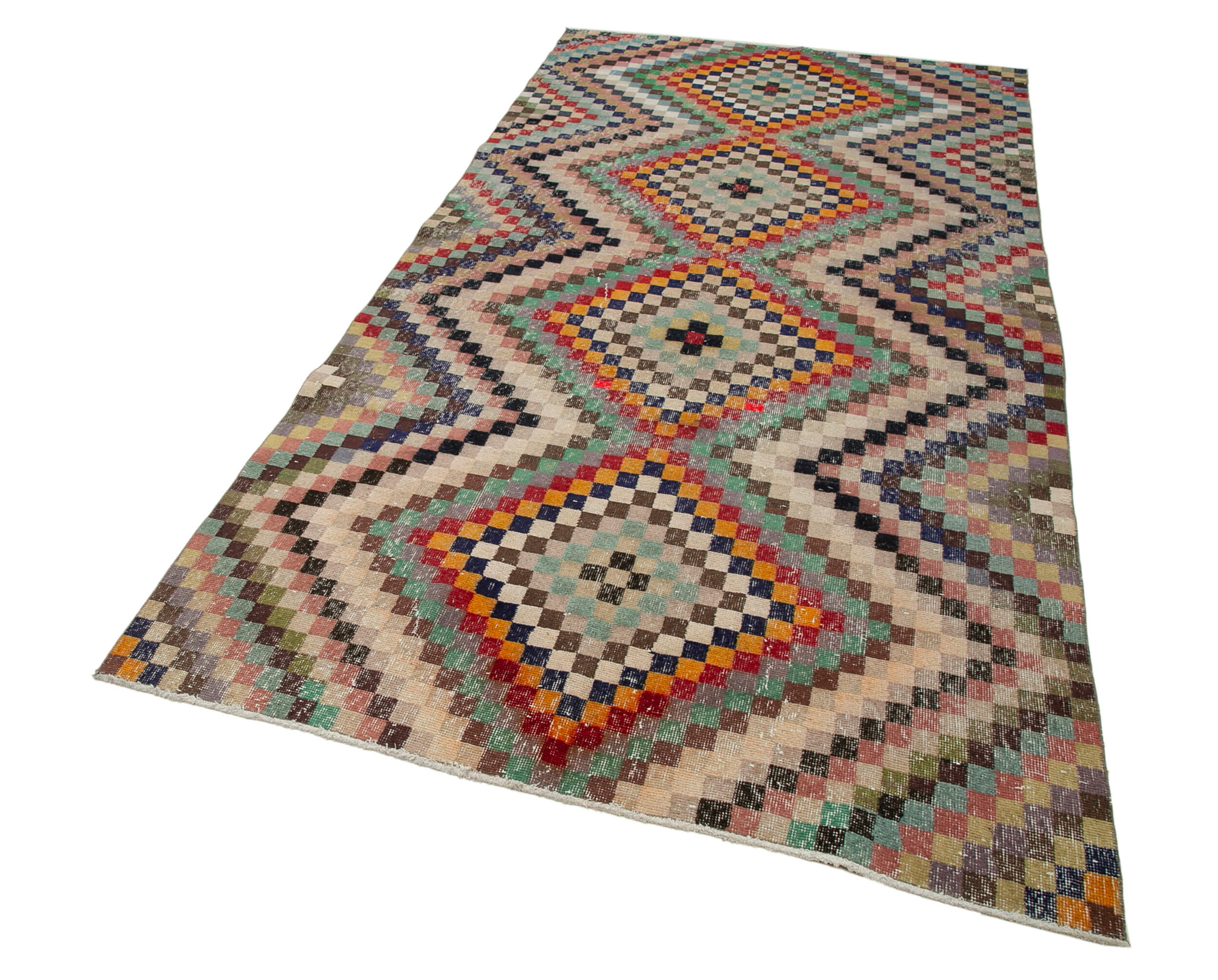 Handmade Cotton Wool Rug - Beige Checkered Turkish Kilim Carpet 4'10" x 9'11"