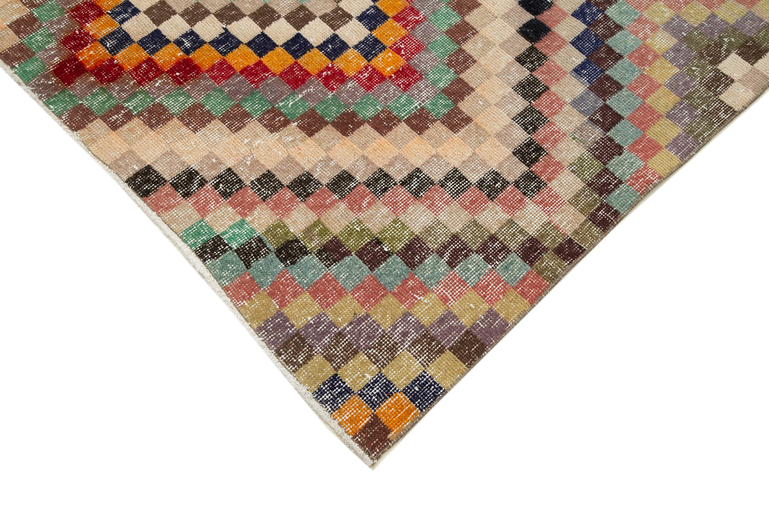 Handmade Cotton Wool Rug - Beige Checkered Turkish Kilim Carpet 4'10" x 9'11"