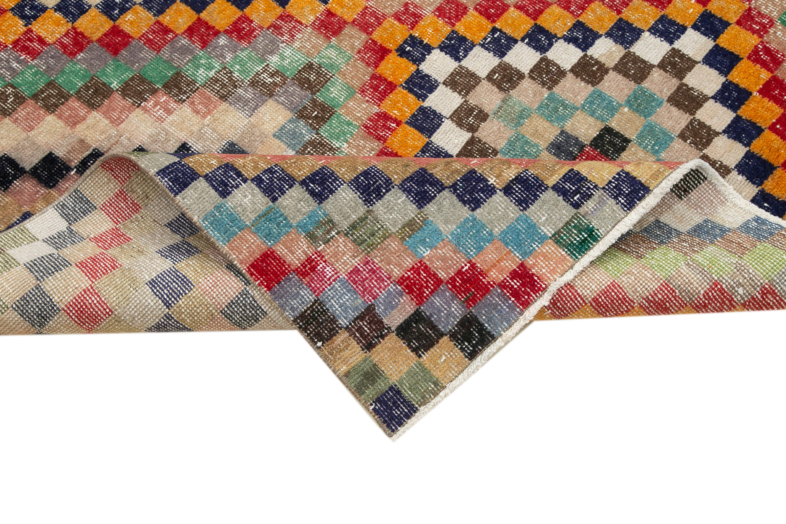 Handmade Cotton Wool Rug - Beige Checkered Turkish Kilim Carpet 4'10" x 9'11"