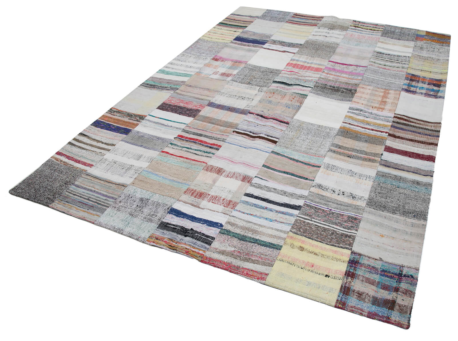 Handmade Wool Area Rug - Kirk Yama Grey Patchwork Design Cotton Wool Carpet 6'7" x 9'10"